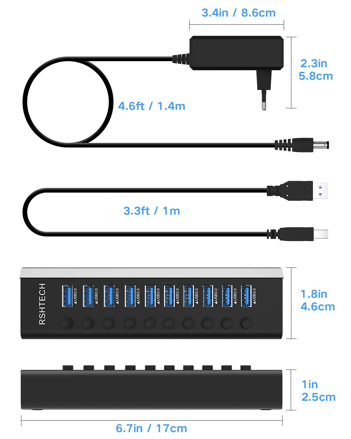 Diagramm eines schwarzen USB-3.0-Hubs mit 10 Ports, inklusive Netzteil, Kabeln und Bemaßungen.