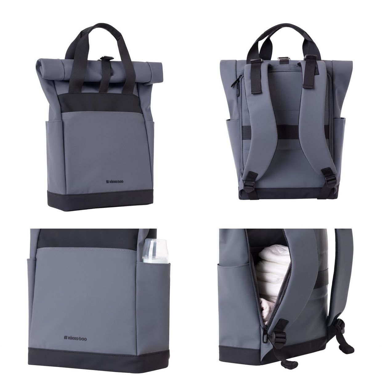 Grauer Wickelrucksack mit gerolltem Oberteil, Seitentaschen und Fach für Windeln auf weißem Hintergrund.