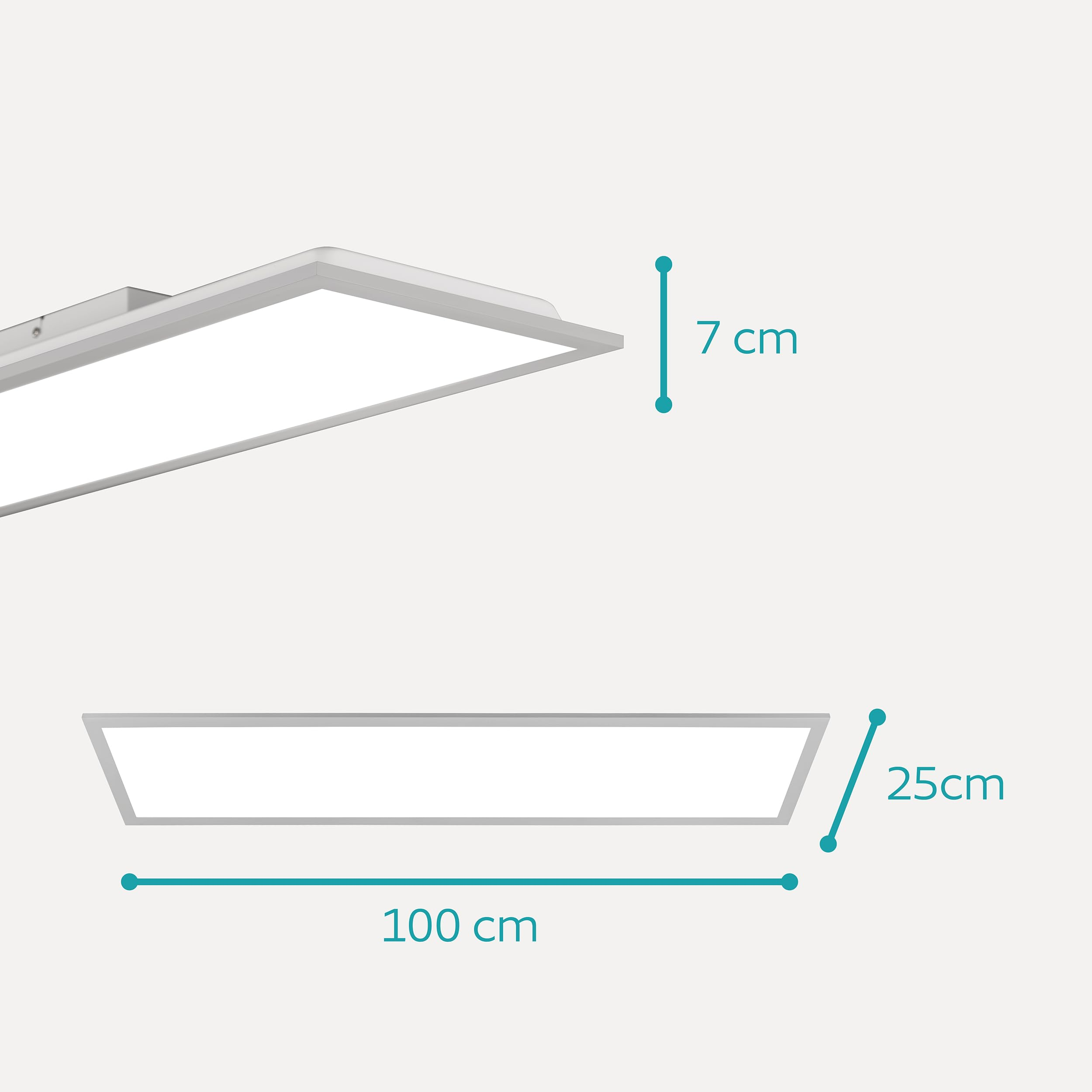 Diagramma di una lampada da soffitto rettangolare con dimensioni di 100 cm di lunghezza, 25 cm di larghezza e 7 cm di altezza.