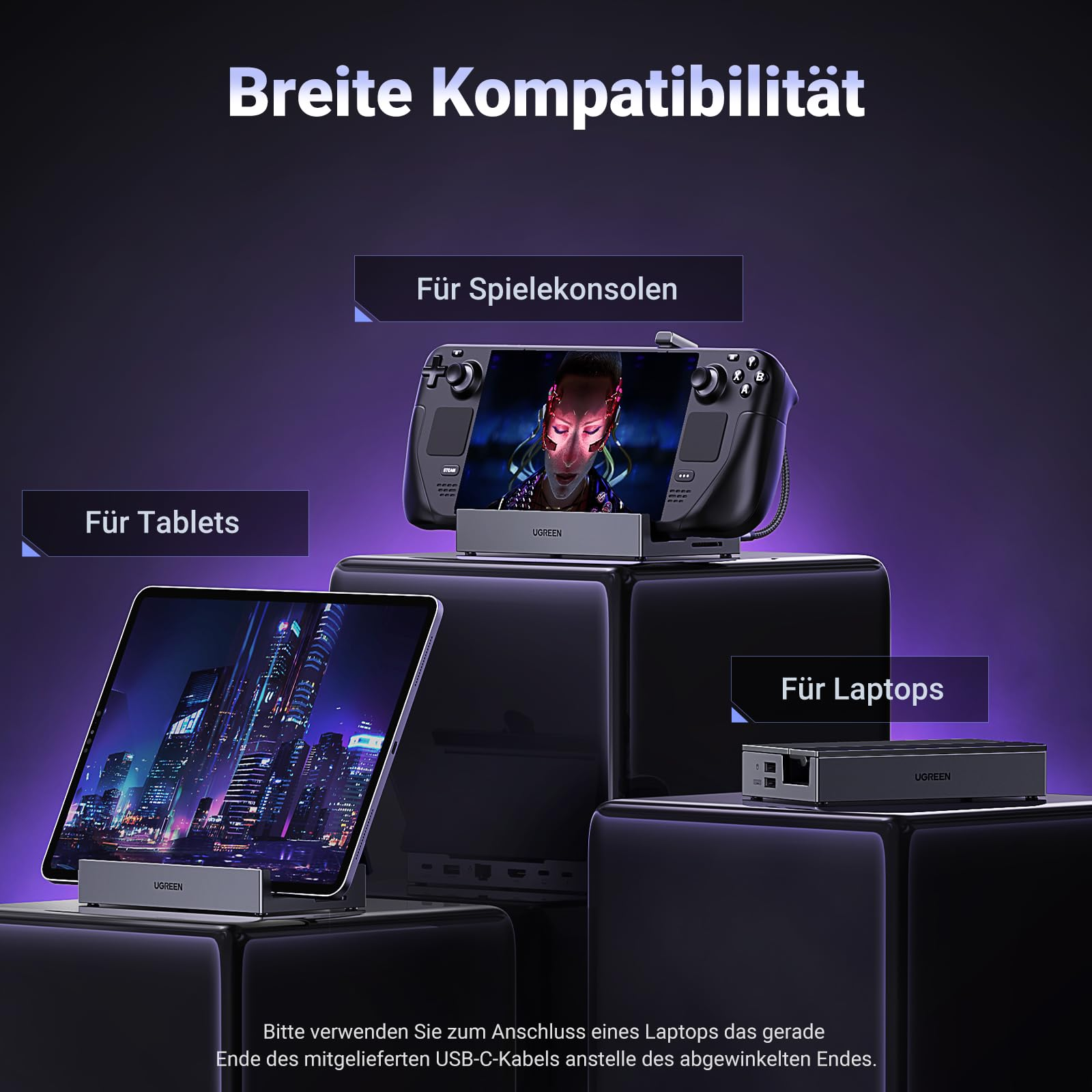 Hub Ugreen sur des socles sombres montrant la compatibilité avec consoles, tablettes et ordinateurs.
