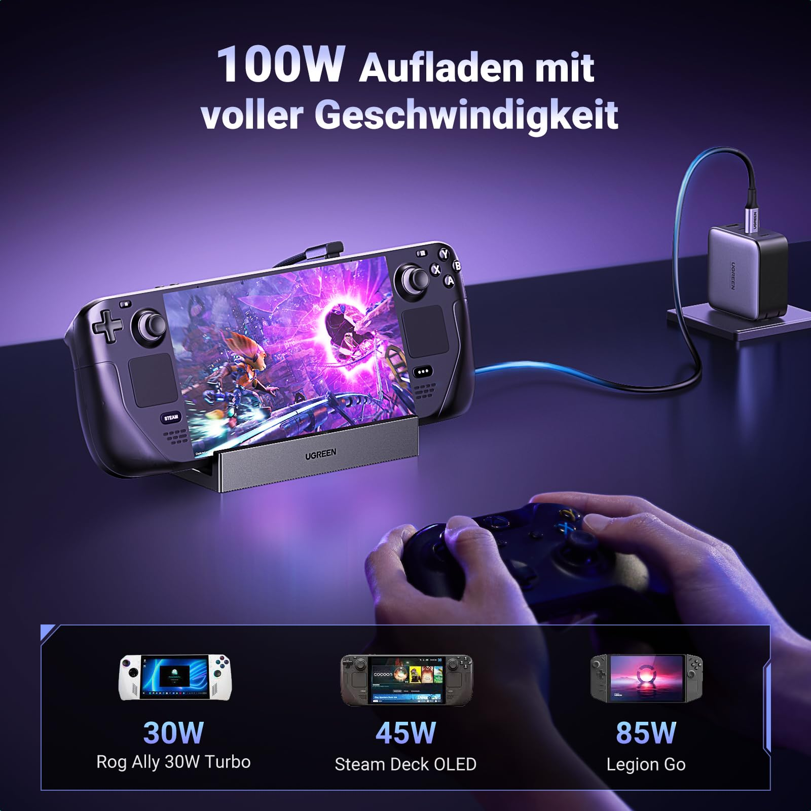 Console portable sur station d'accueil Ugreen connectée à un chargeur 100W, avec des mains tenant une manette.