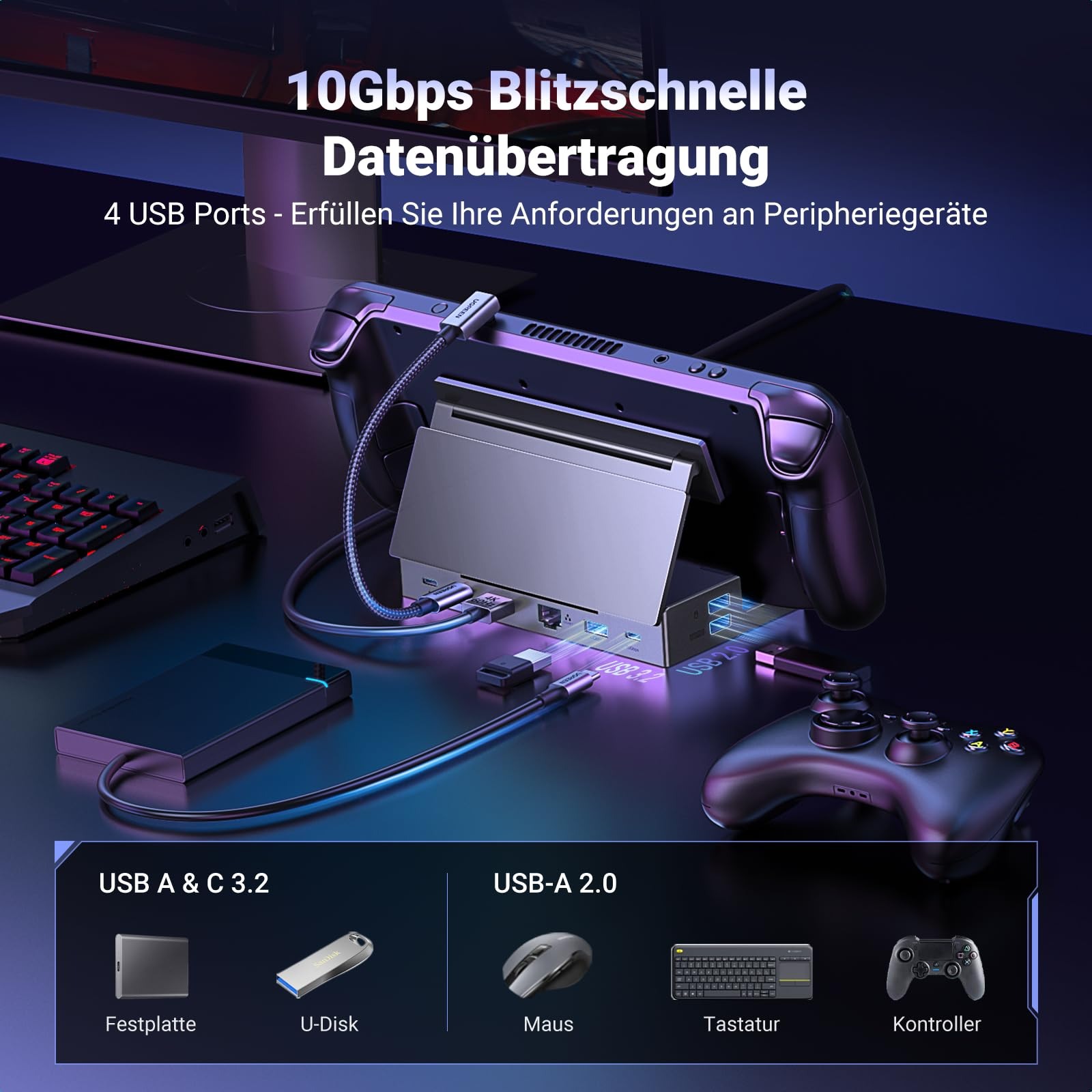 Une station d'accueil connectée à une console portable, un disque dur et une manette.