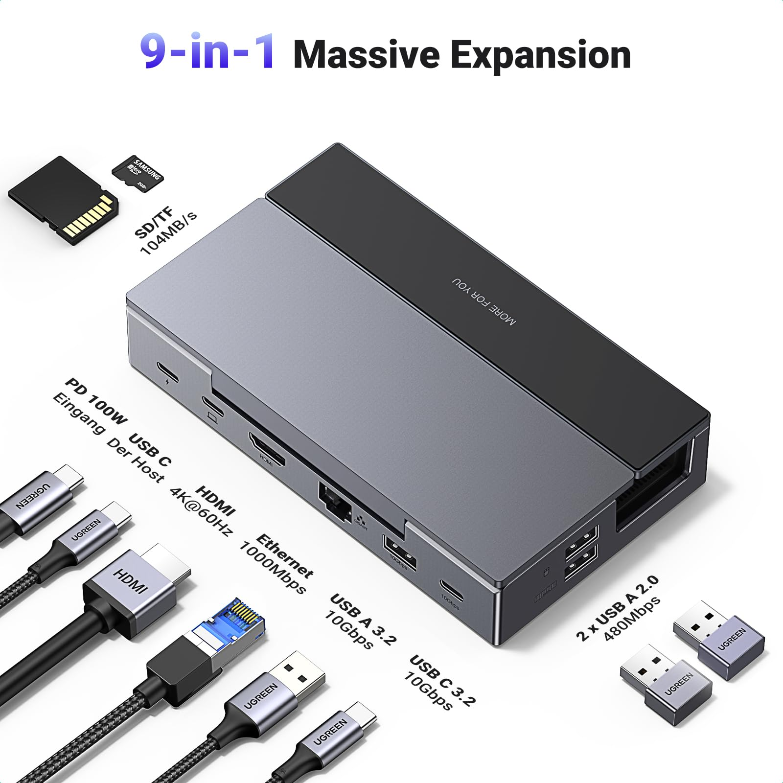 Un hub USB-C gris et noir 9-en-1 avec divers ports, câbles et cartes mémoire.