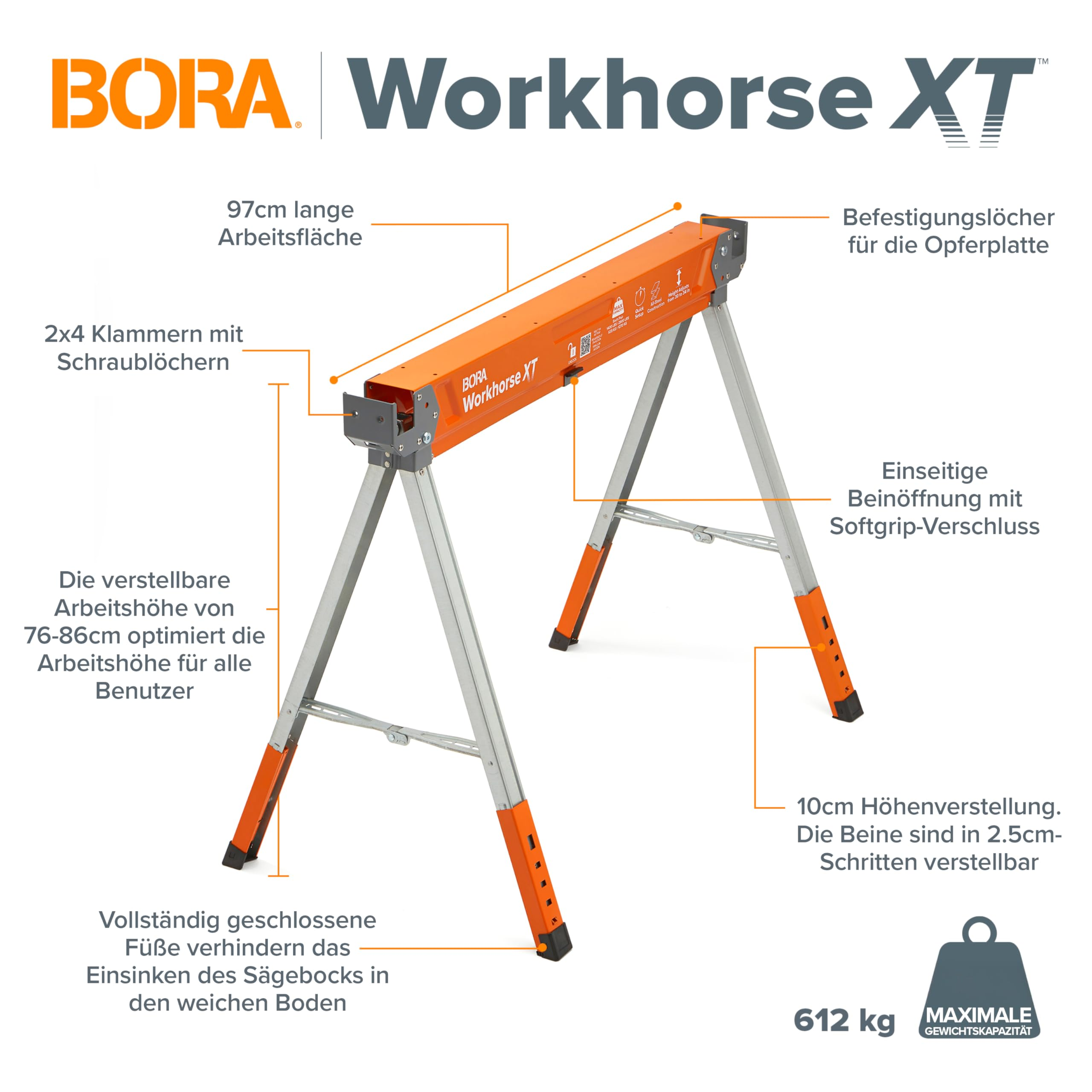 Bora Workhorse XT Sägebock mit orangem Balken, grauen Beinen und deutschen Feature-Beschriftungen.