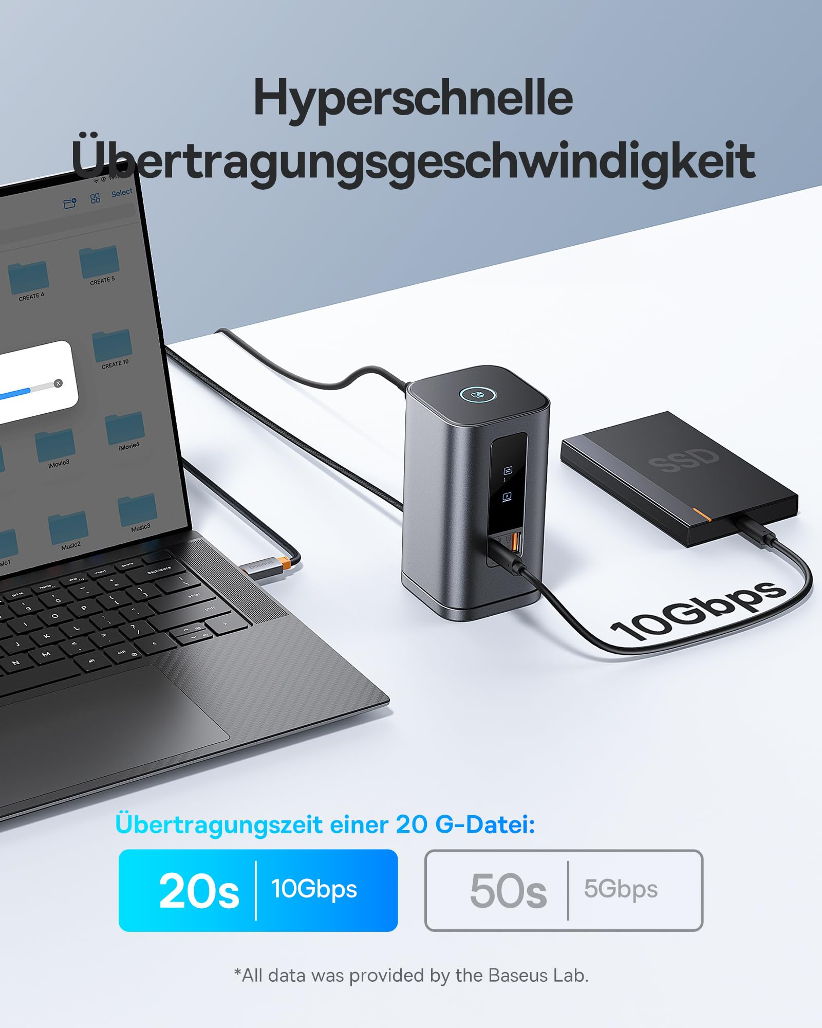 Una docking station grigia è collegata tramite cavi a un laptop e a un SSD. Testo su 10Gbps.