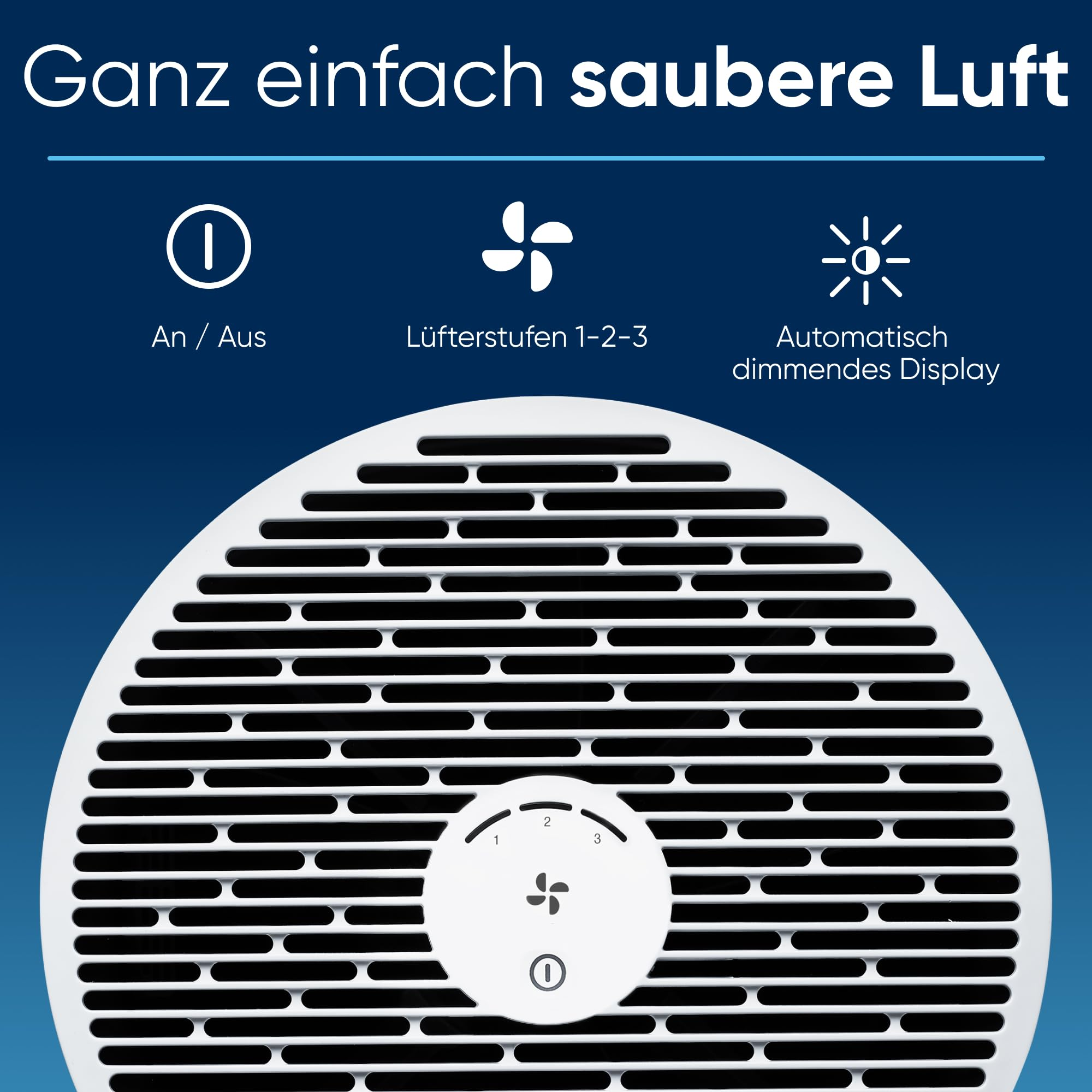 Ein weißer Luftreiniger mit Tasten für An/Aus, Lüfterstufen und Dimmdisplay auf blauem Hintergrund.