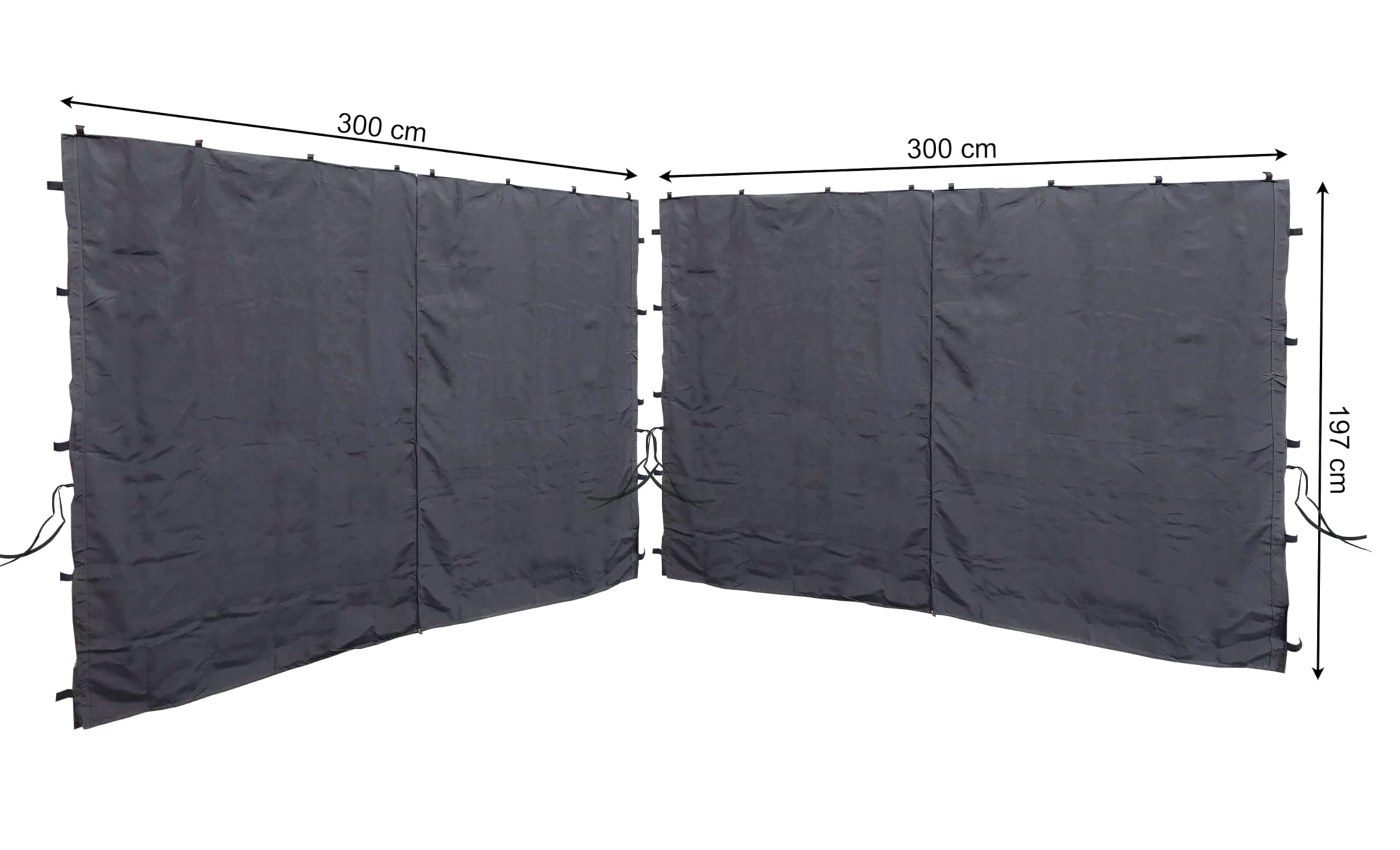 Zwei graue Markisen mit Maßen von je 300x197 cm.