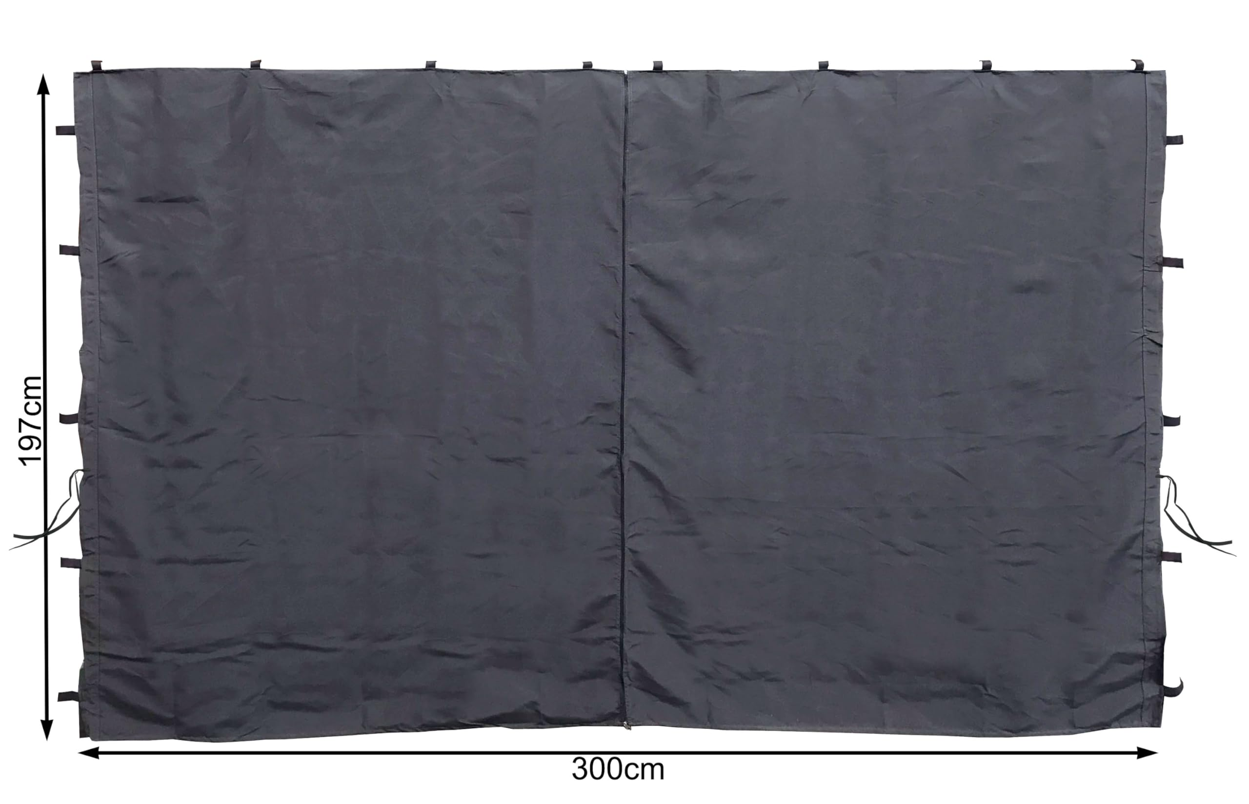Ein grauer Sonnenschutzvorhang mit Laschen und Maßen von 197 cm mal 300 cm.