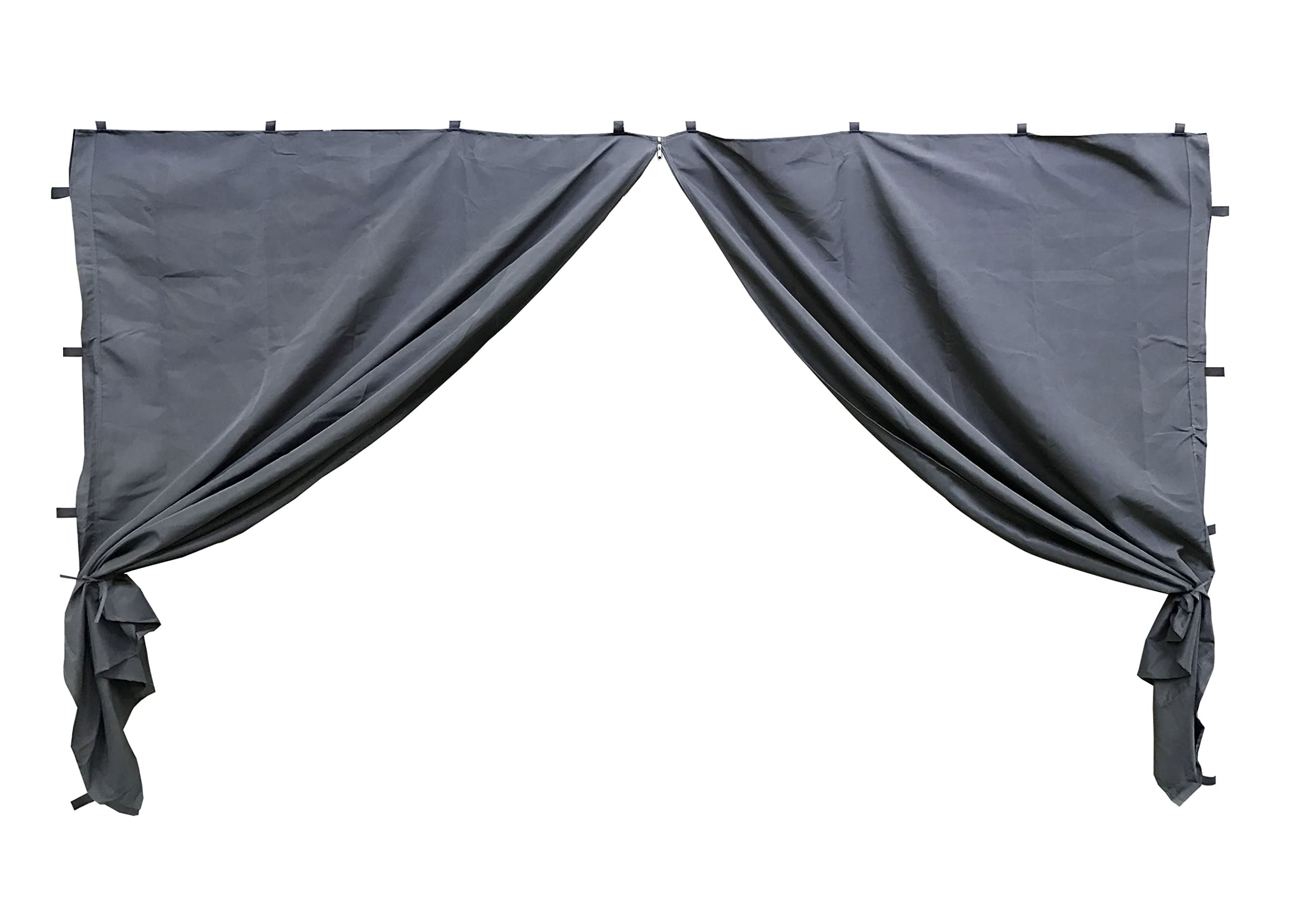 Zwei graue Vorhänge hängen symmetrisch an einer weißen Wand, unten zusammengebunden.