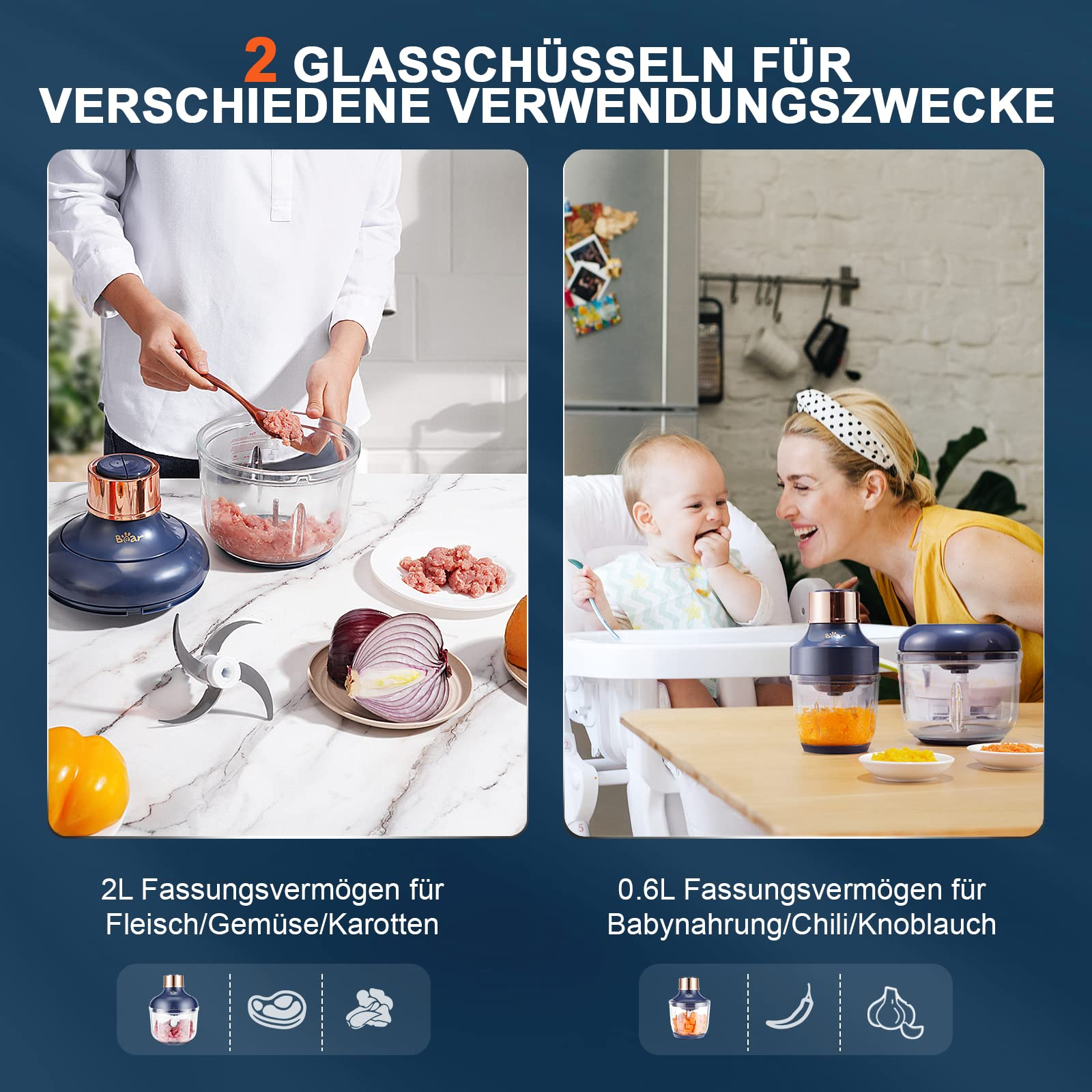 Zwei Glasbehälter für verschiedene Zwecke: 2L für Fleisch und Gemüse, 0.6L für Babynahrung.