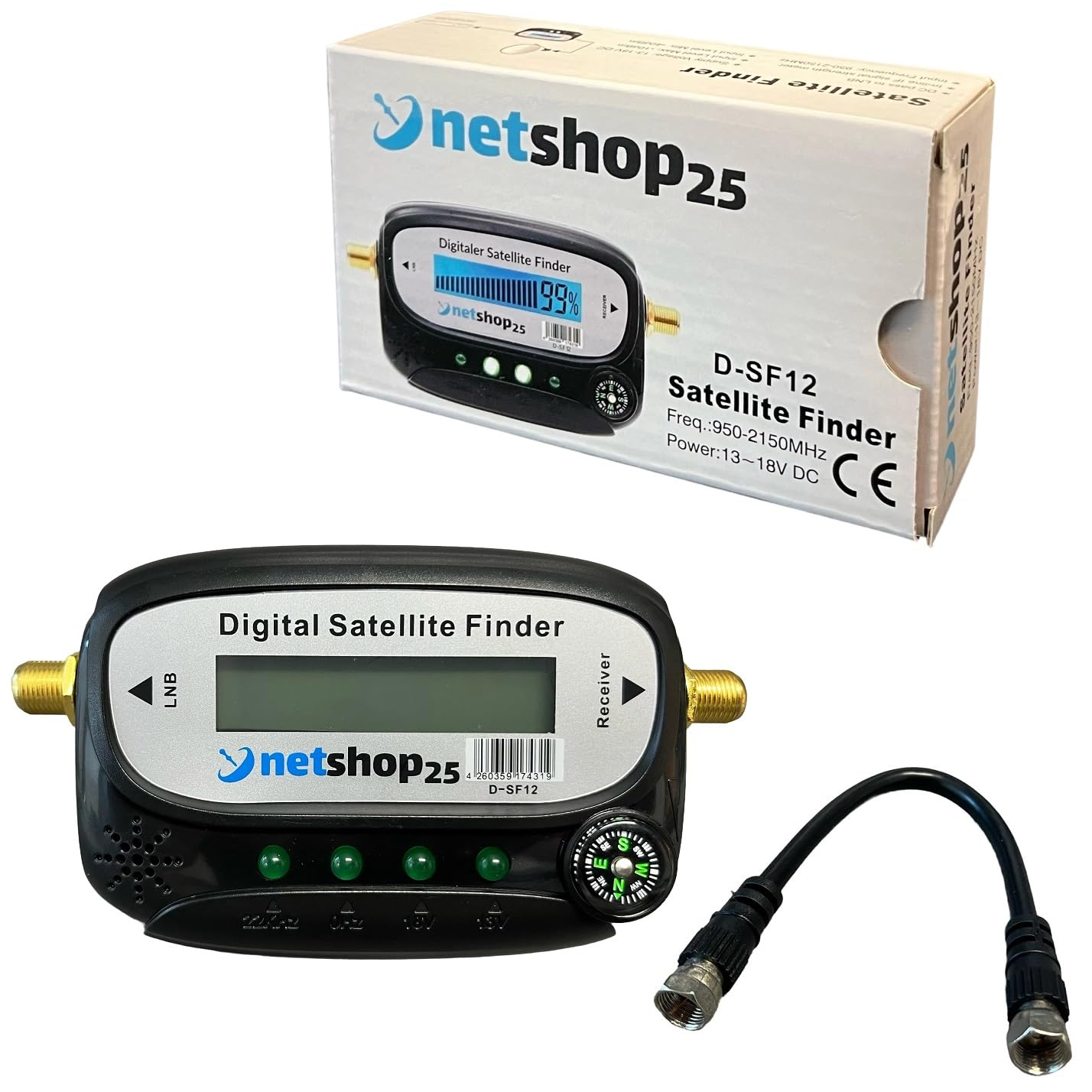 Digitaler Satellitenfinder mit LCD-Bildschirm, Kompass, Kabel und Verpackungskarton auf weißem Hintergrund.
