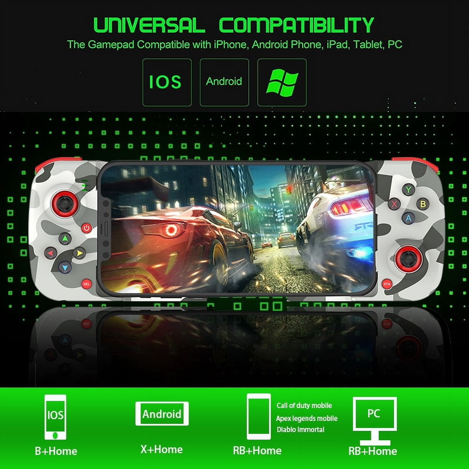 Ein weiß-grau camo Smartphone-Gamecontroller zeigt ein Rennspiel auf dem Bildschirm und hat universelle Kompatibilität.