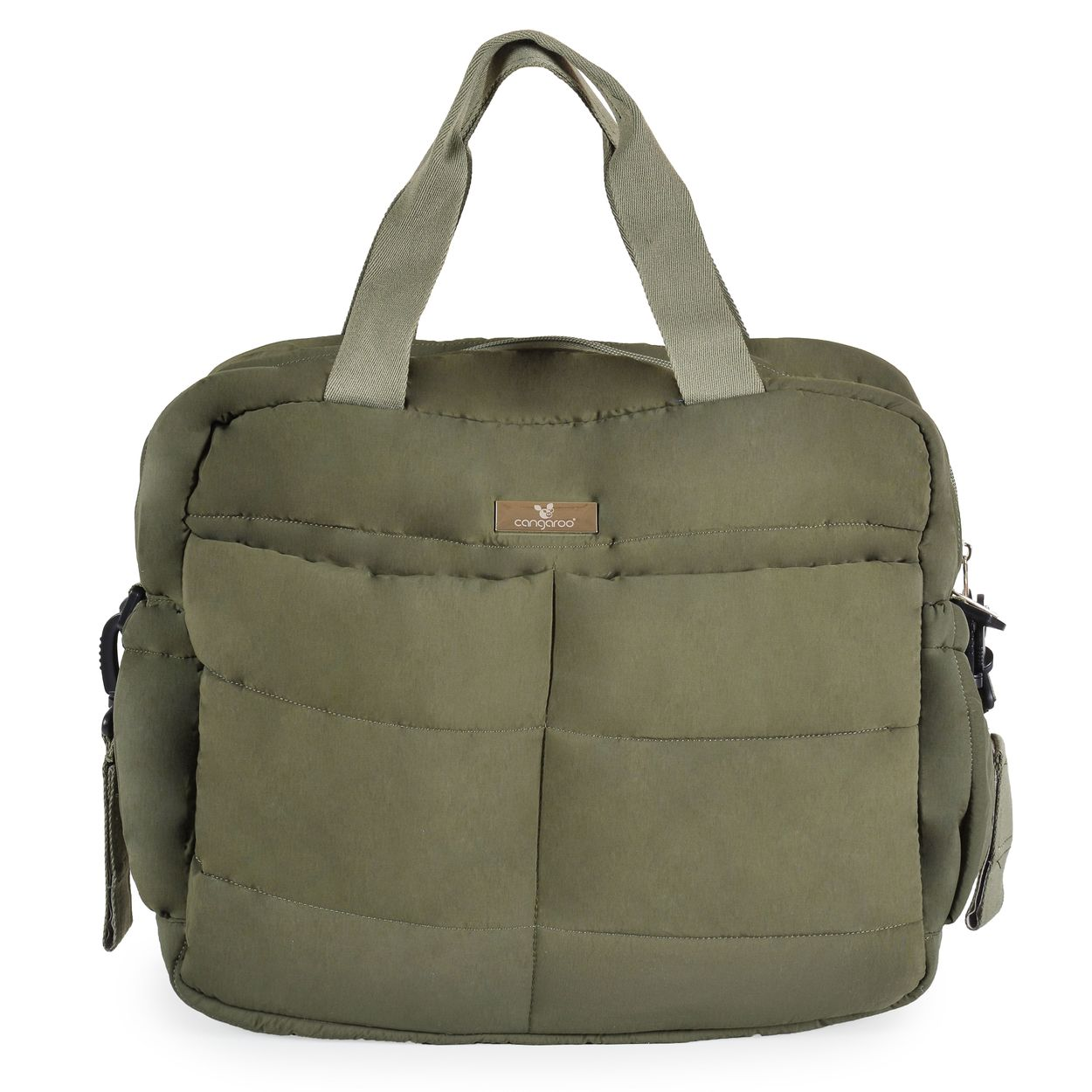 Eine olivgrüne gesteppte Wickeltasche mit zwei Tragegriffen und einem kleinen rechteckigen Logoetikett.