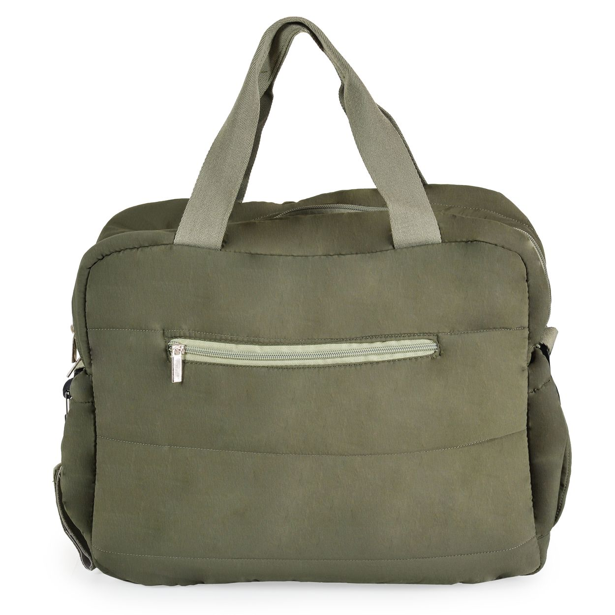 Eine grüne Handtasche mit Reißverschlusstasche vorne und zwei Griffen auf weißem Hintergrund.