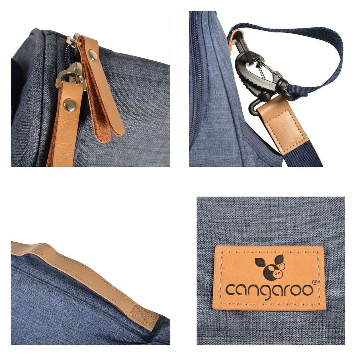 Nahaufnahmen einer blauen Tasche mit braunen Lederdetails, Reißverschlüssen, Karabinerhaken und Cangaroo-Logo.