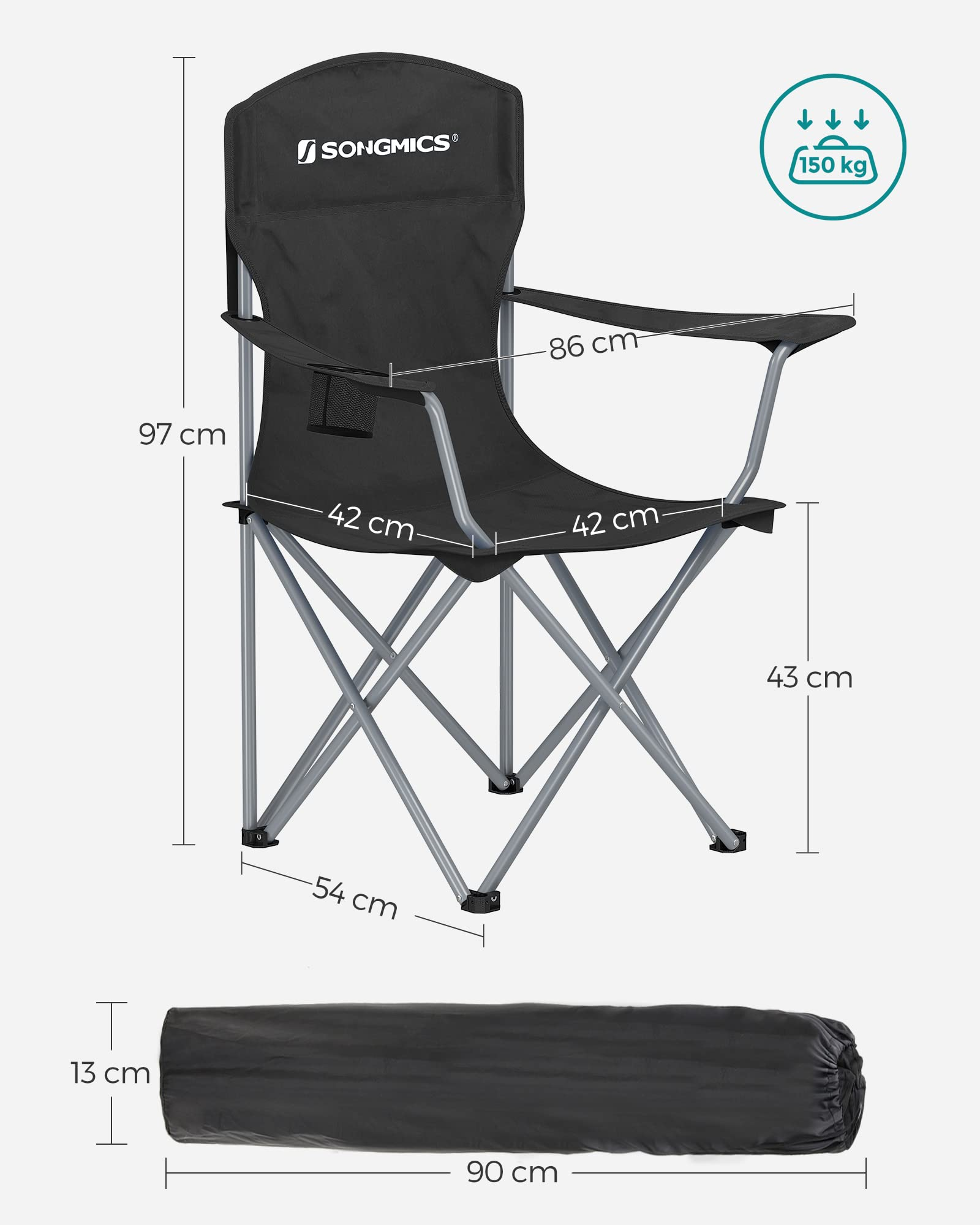 Chaise de camping noire avec pieds en métal gris et dimensions, et son sac de transport.