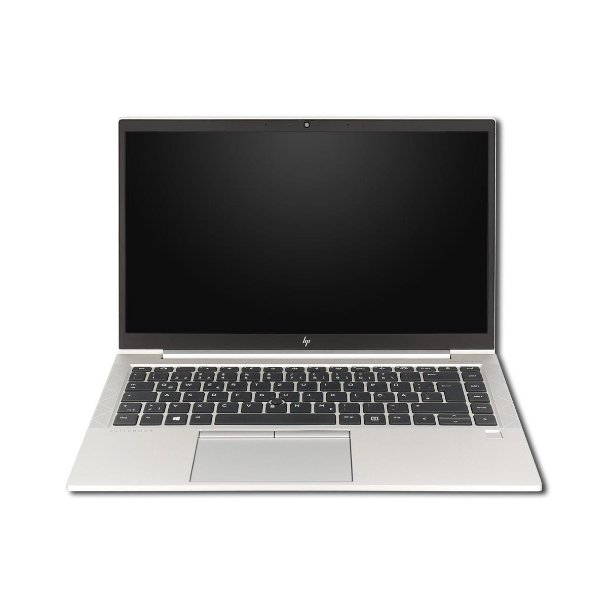 Silberner Laptop auf weißem Grund, mit schwarzer Tastatur und dunklem Bildschirm vor einem neutralen Hintergrund.