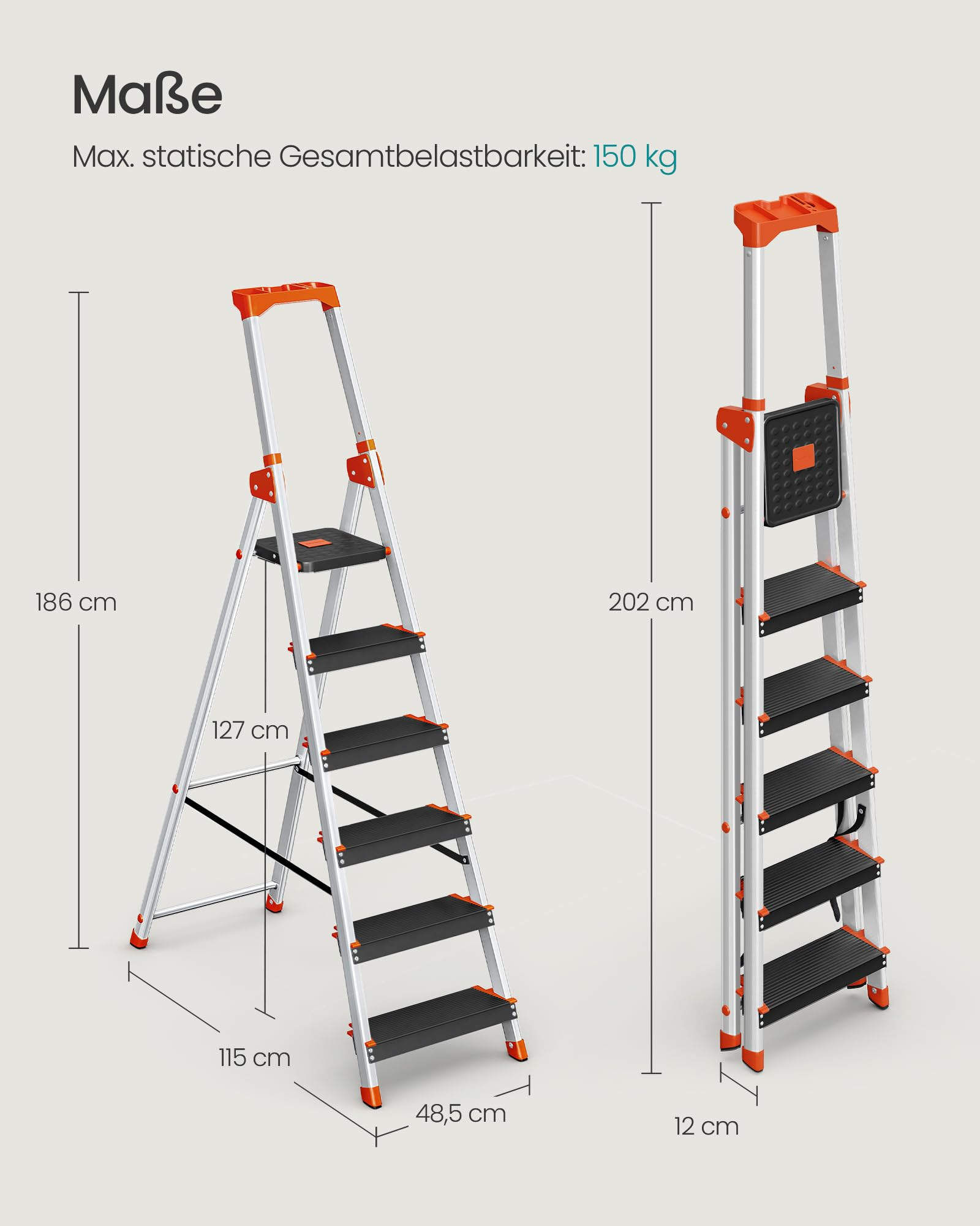 SONGMICS GLT06BK Klappleiter, Schwarz / Orange