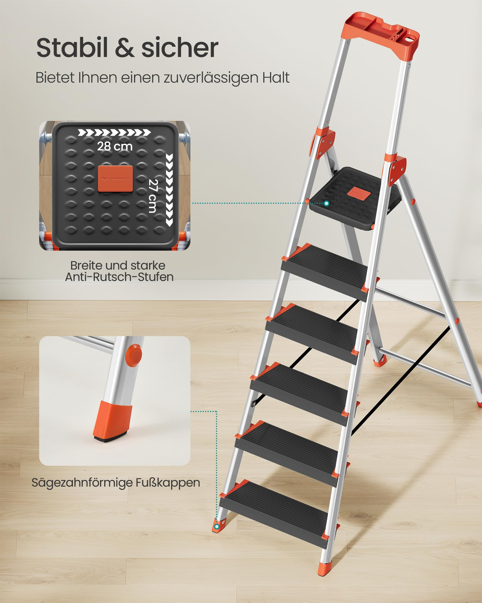 Stabile Aluleiter mit rutschfesten Stufen und roten Fußkappen.