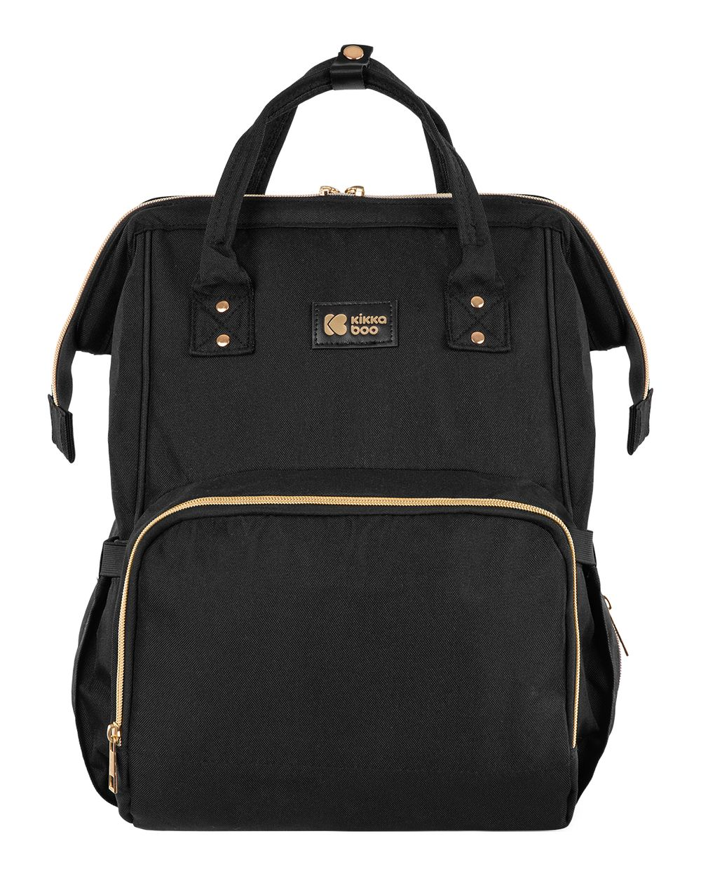 Ein schwarzer Rucksack mit goldenen Reißverschlüssen und dem KikkaBoo-Logo.