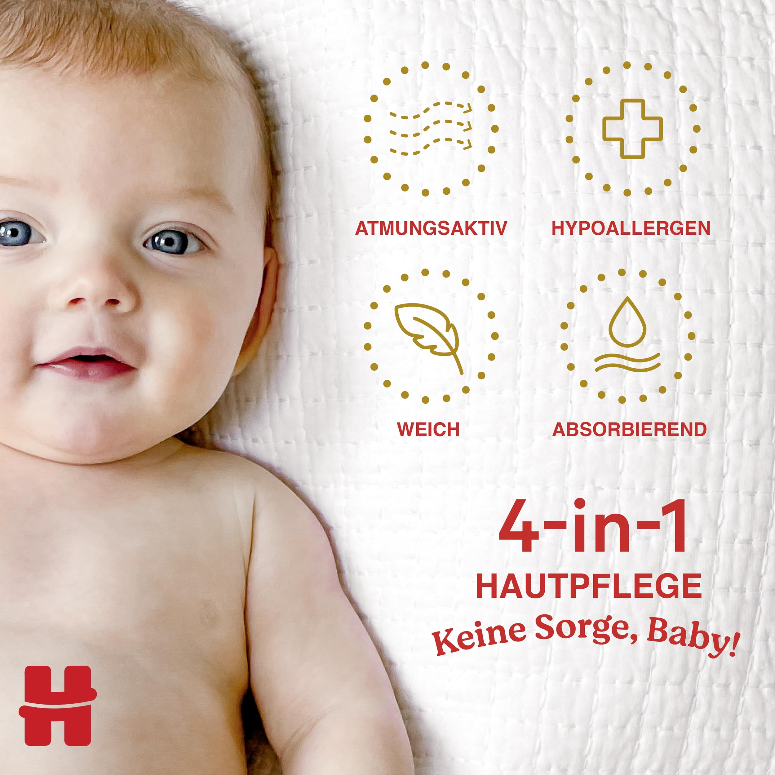 Ein glückliches Baby liegt auf einer weißen Decke, begleitet von vier Icons mit deutschen Texten zur Hautpflege.