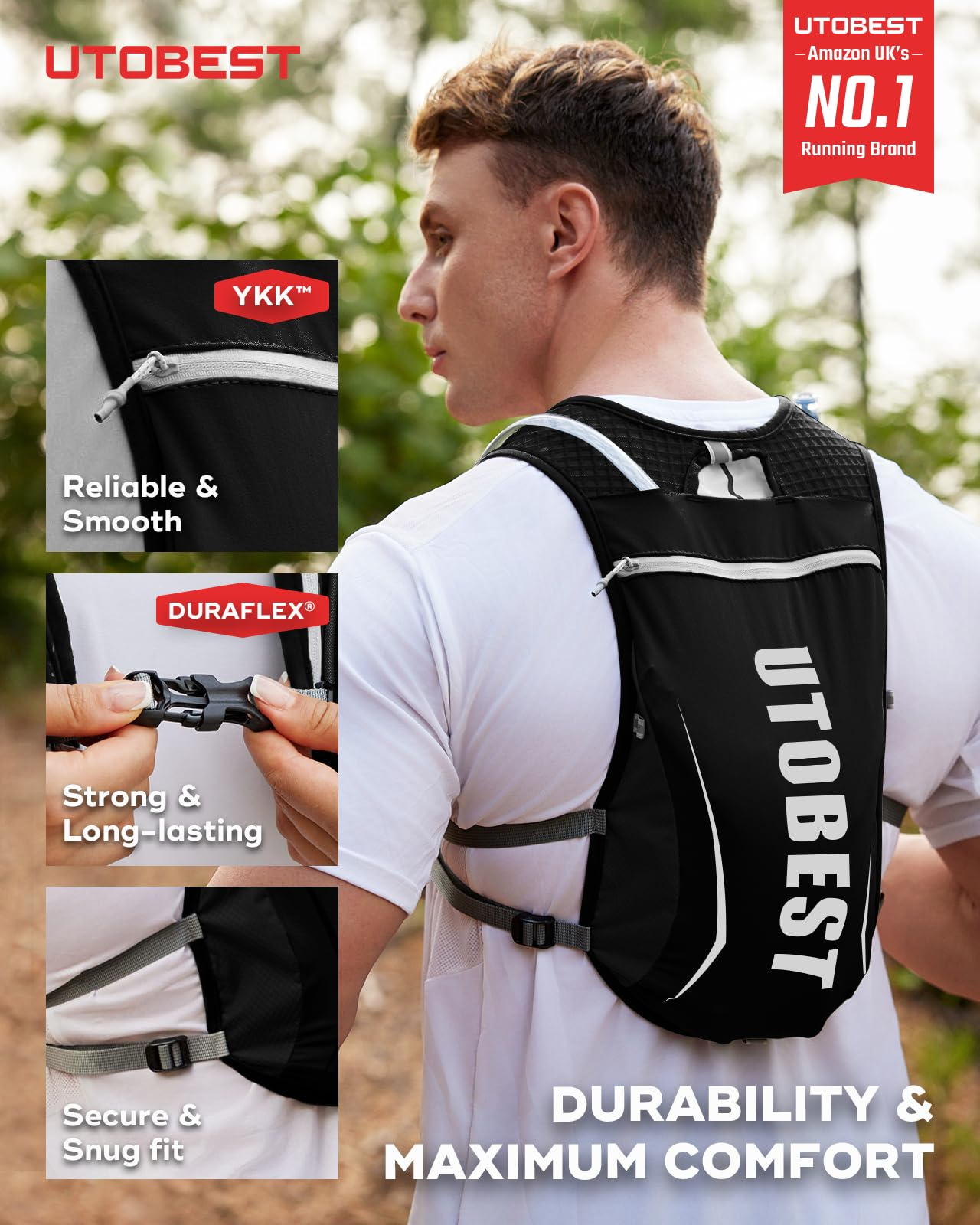 Ein Mann trägt einen schwarzen UTOBEST-Laufrucksack mit Details zu YKK-Reißverschlüssen und Duraflex-Schnallen.