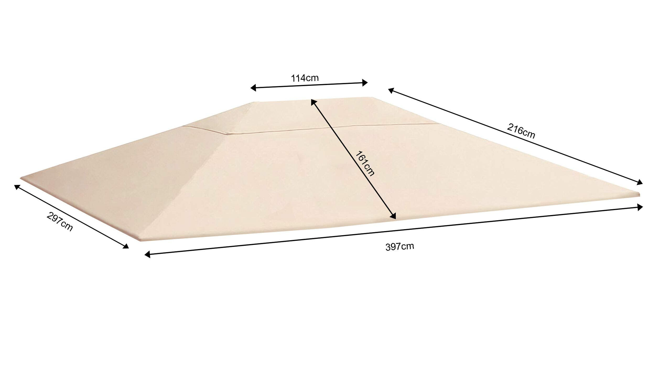 Diagramm zeigt die Maße einer beigen Pavillardachplane mit Pfeilen.