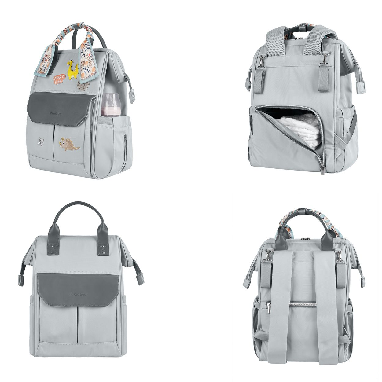 Grauer Wickelrucksack mit Dinosaurier-Aufnähern, Seitentaschen und floralem Henkelschal.