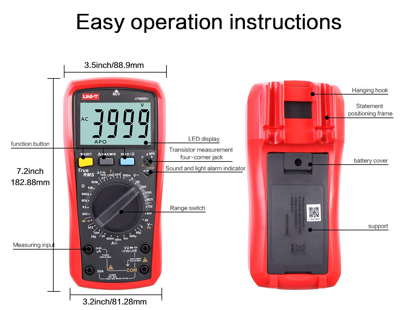 Vorder- und Rückseite eines roten digitalen Multimeters mit Beschriftungen für Funktionen und Abmessungen.