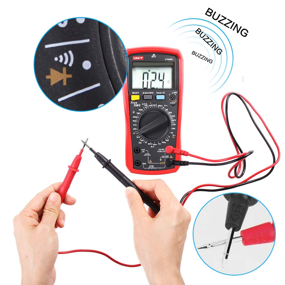 Ein rotes digitales Multimeter mit Messspitzen, die ein Summsymbol und Schallwellen zeigen.