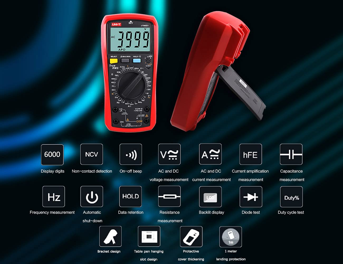 Ein rotes digitales Multimeter mit Symbolen für AC/DC-Spannungs- und Widerstandsmessung darunter.