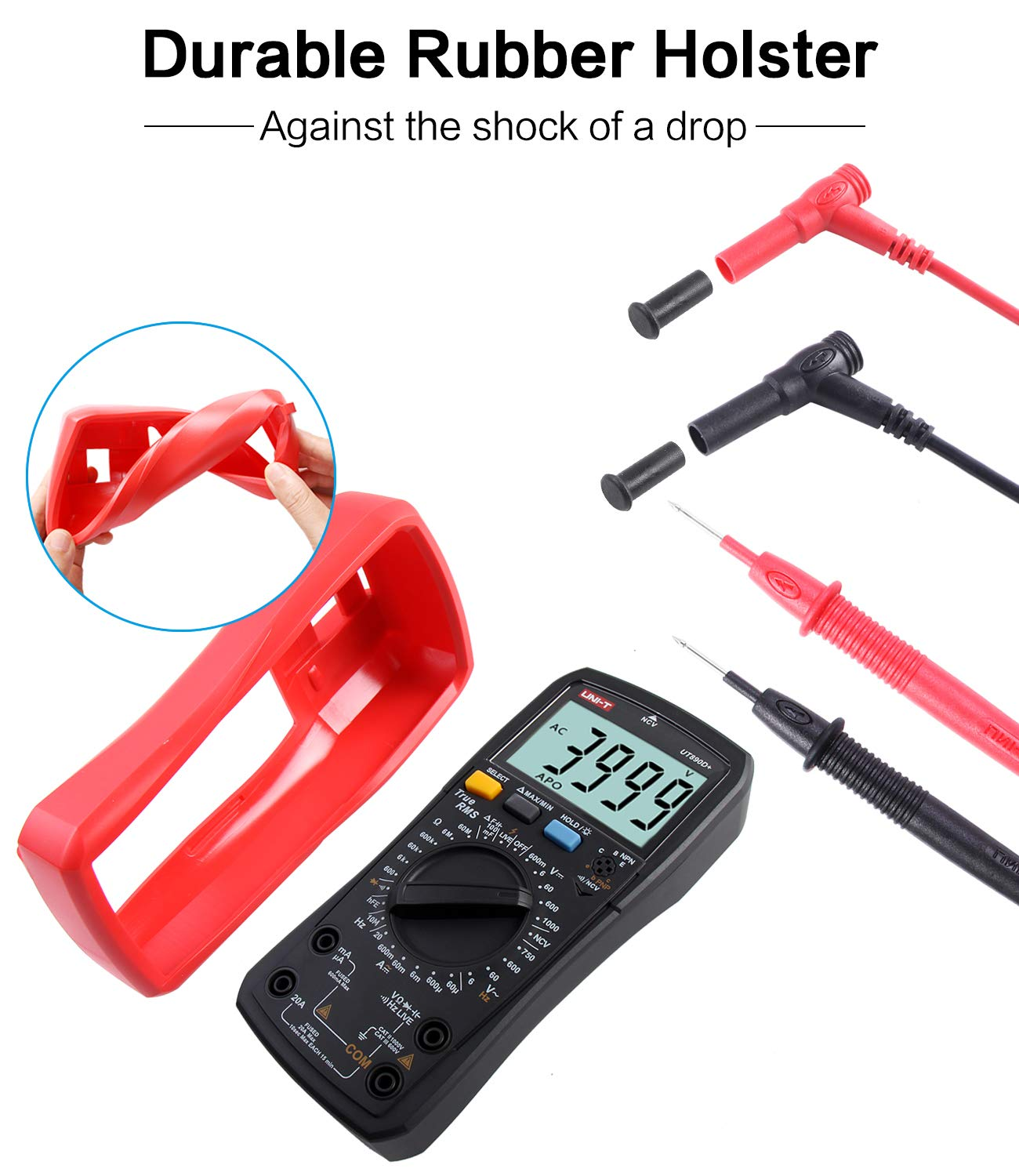 Digitales Multimeter mit rotem Gummischutz, Prüfspitzen und Kappen auf weißem Hintergrund.