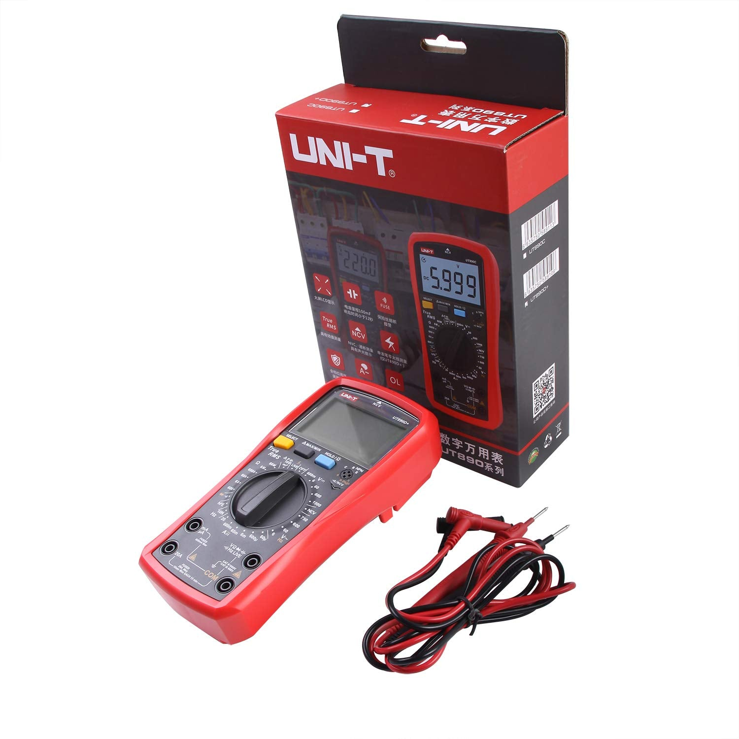 Ein rotes UNI-T Digitalmultimeter liegt vor seiner rot-schwarzen Verpackung und roten Prüfkabeln.