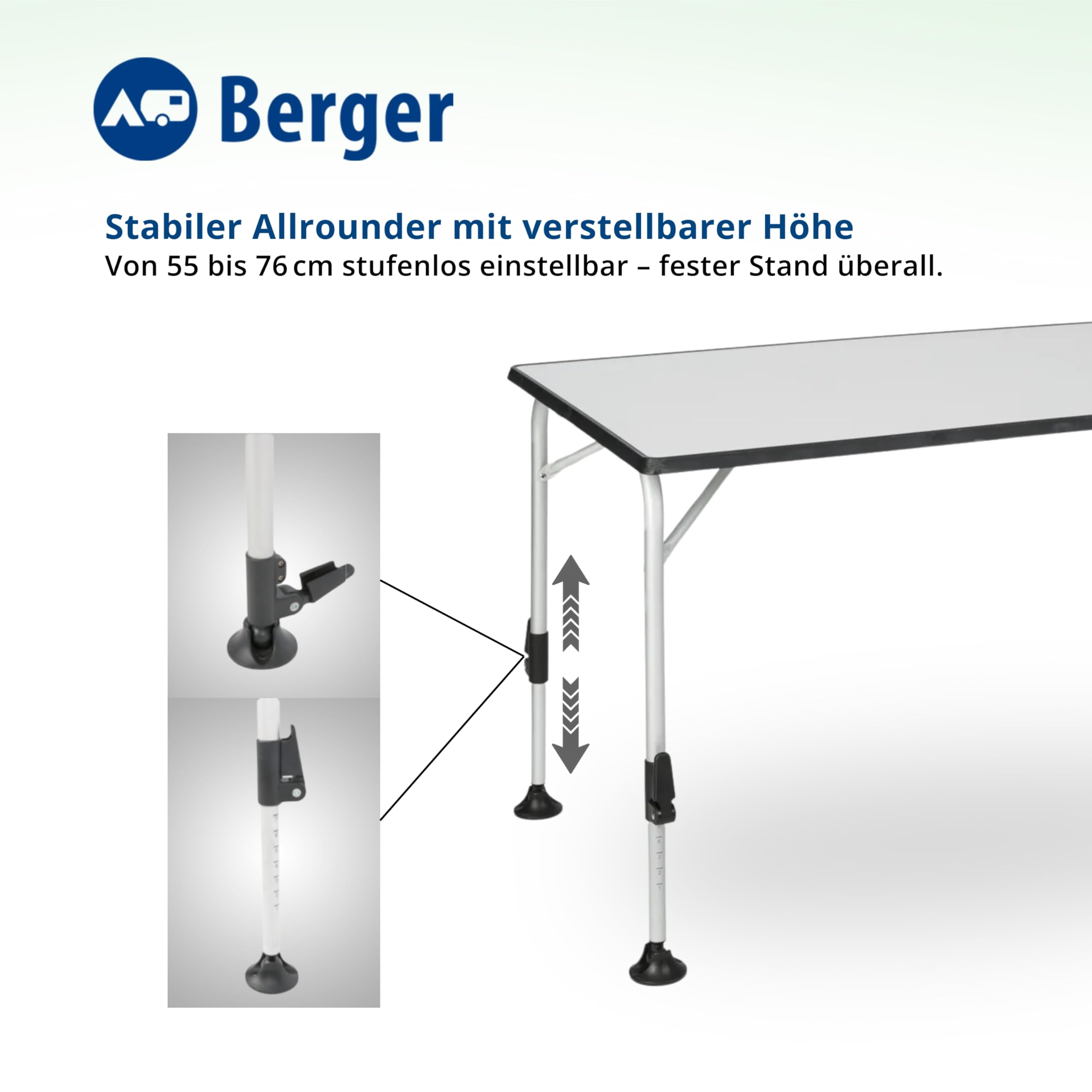 Tavolo Berger con gambe regolabili, mostrando dettagli dei morsetti e dei piedi.