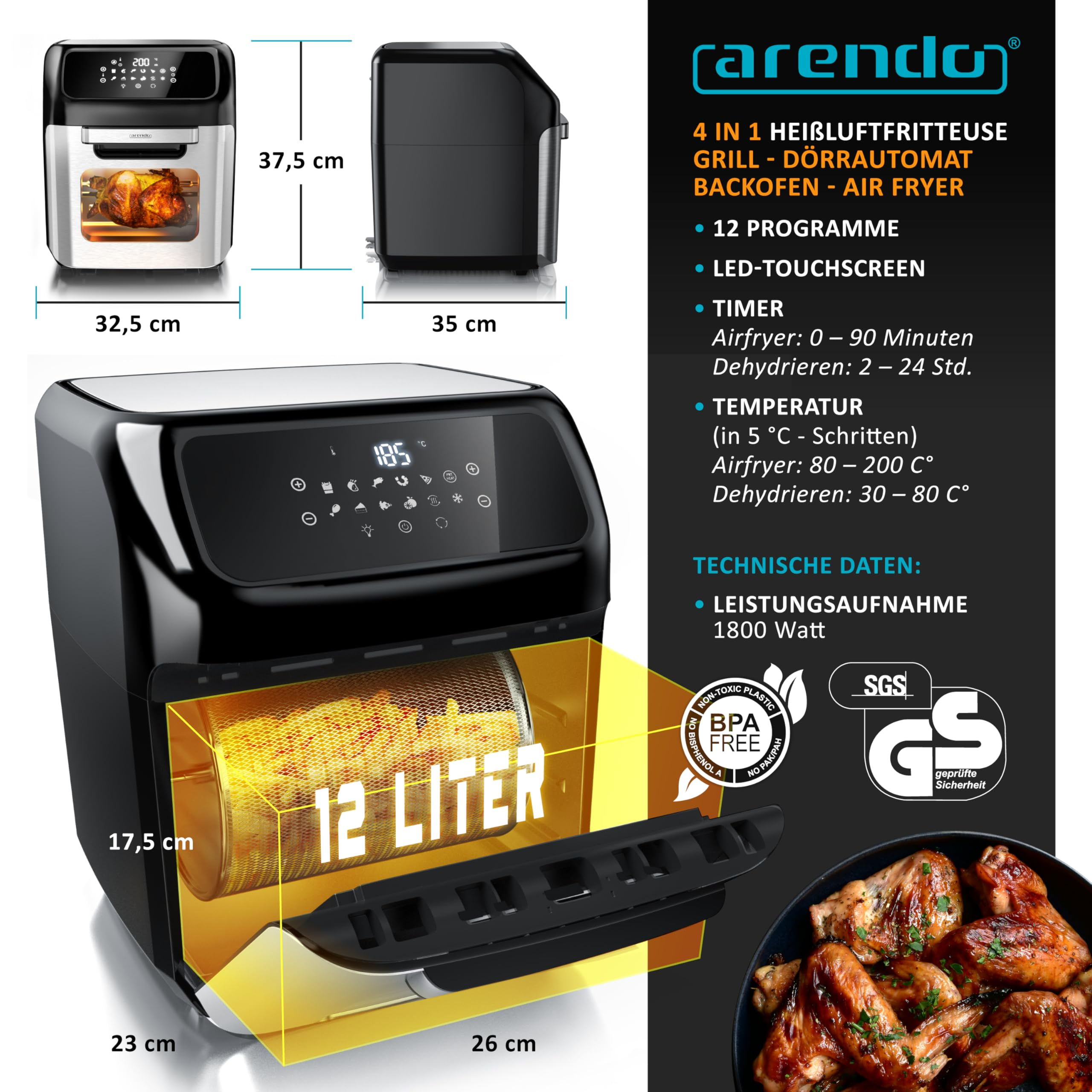 ARENDO FRY TIME multifonction XXL 12L Friteuse sans huile