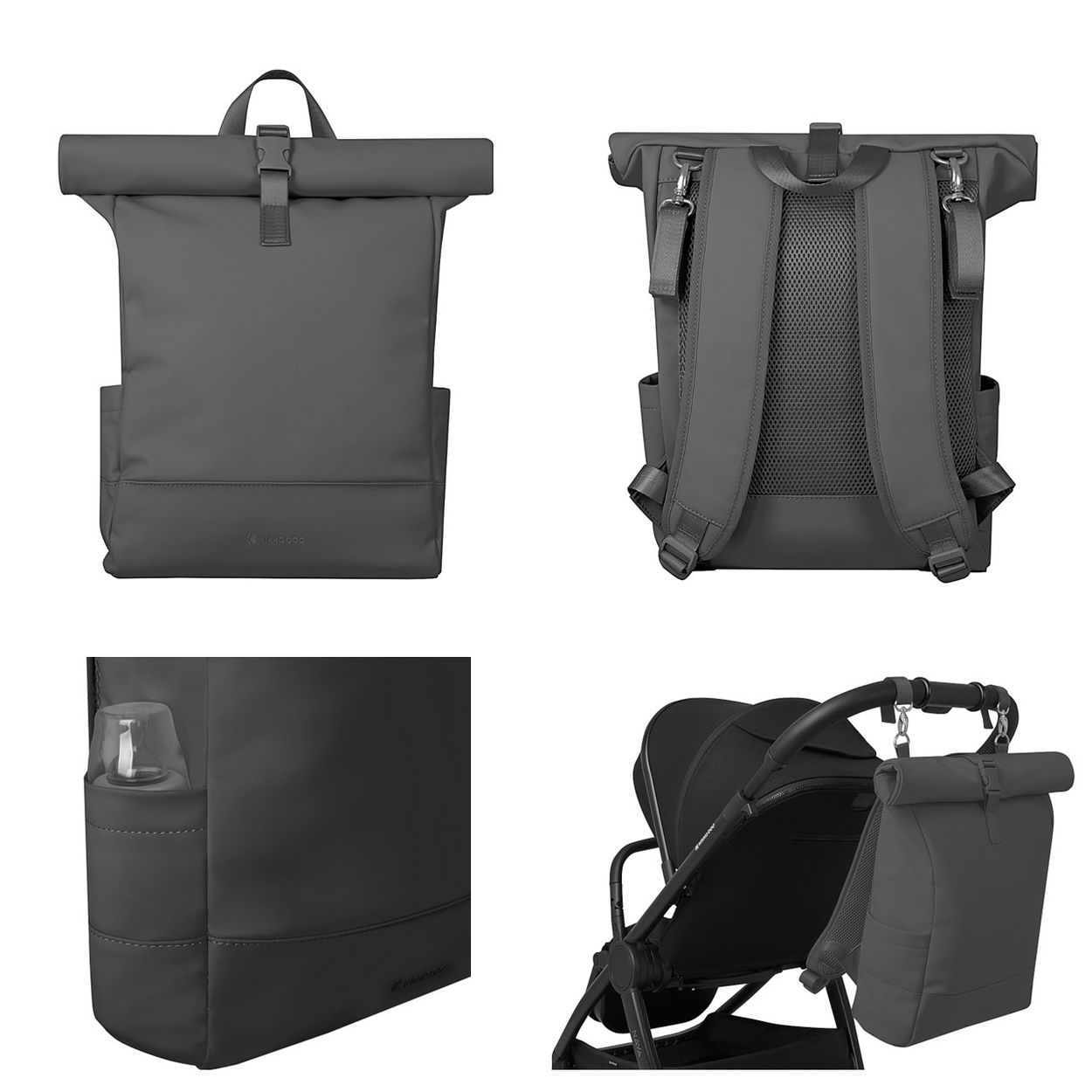 Grauer Wickelrucksack in vier Ansichten, mit Gurten, Seitentasche mit Flasche und am Kinderwagen befestigt.