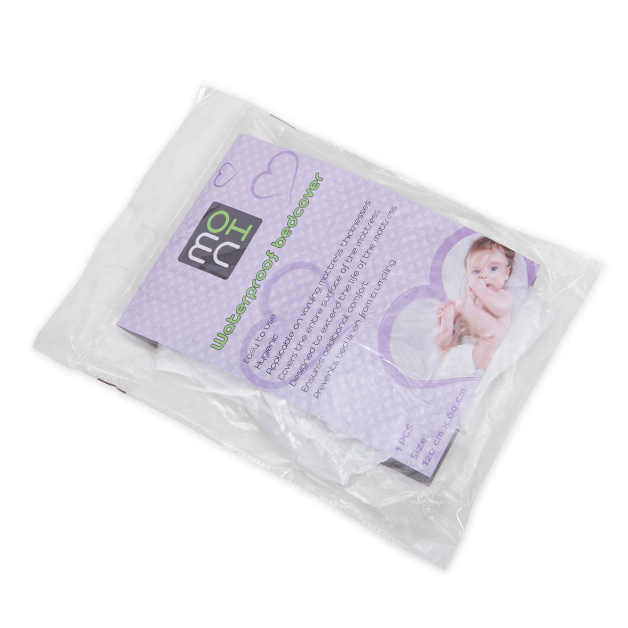 Verpacktes wasserdichtes Babybettlaken in transparenter Plastiktüte mit violettem Etikett und Babyfoto.