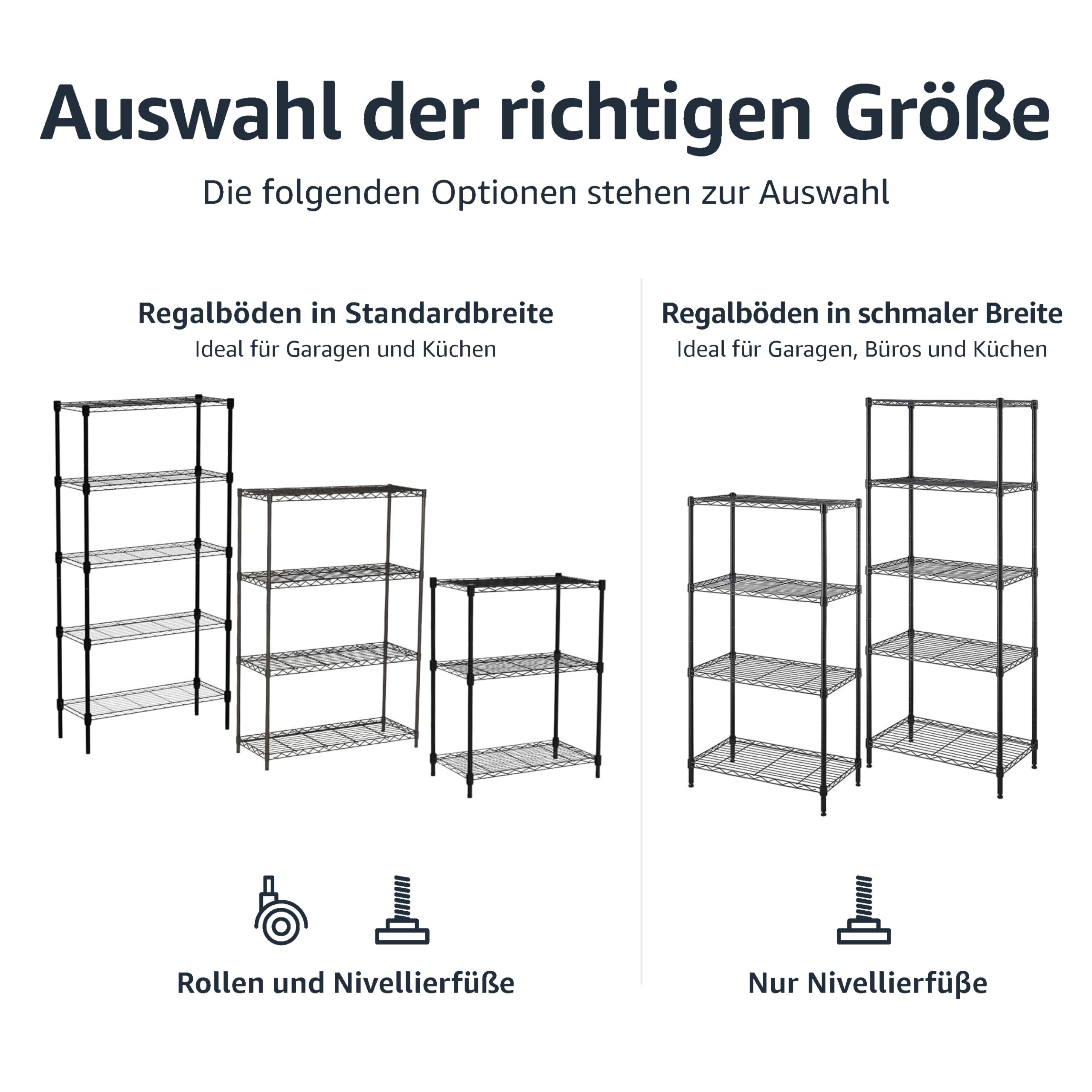 Übersicht verschiedener Regalgrößen und Breiten mit Rollen oder Nivellierfüßen.