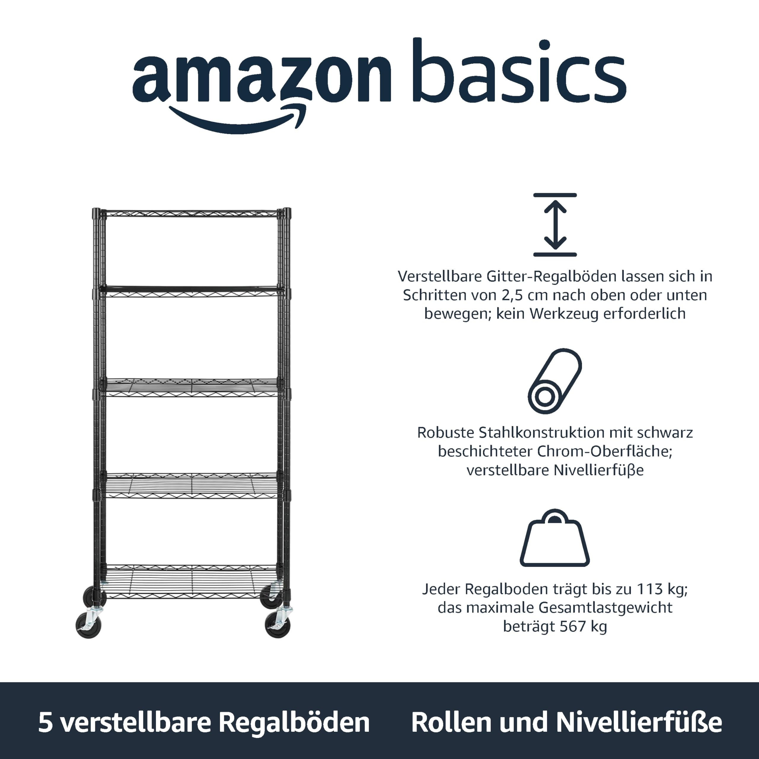Amazon Basics Metallregal mit fünf verstellbaren Böden und Rollen für hohe Belastbarkeit.