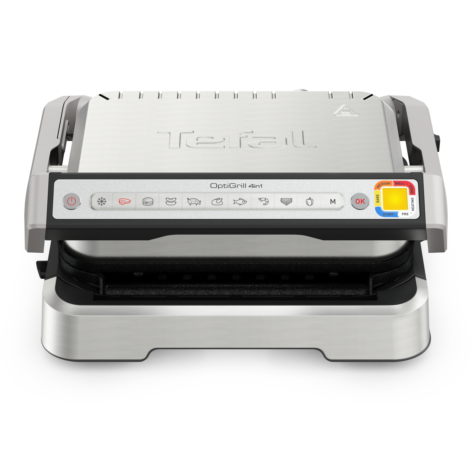 Bistecchiera elettrica Tefal OptiGrill 4in1 argento con display e pulsanti.