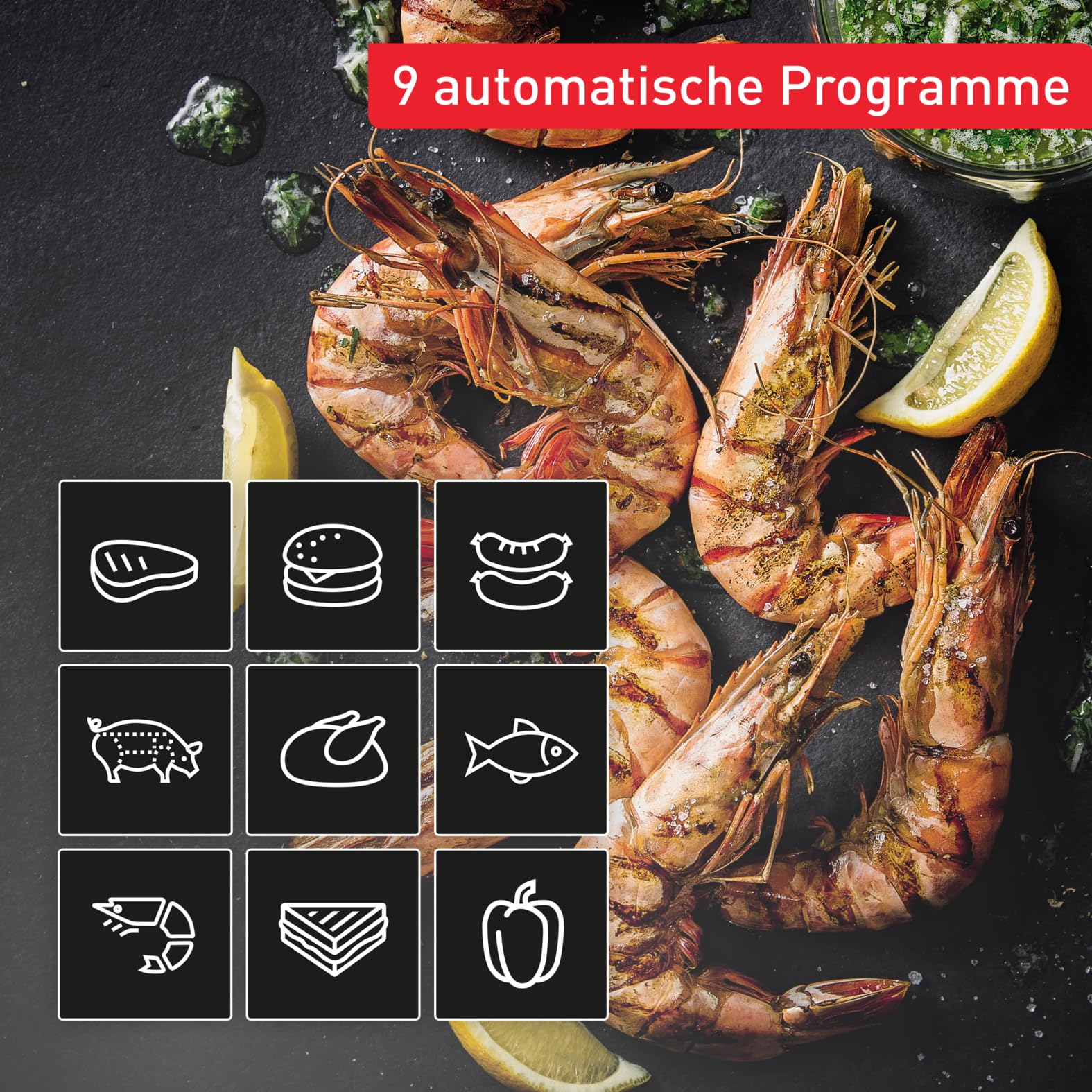 Gamberi grigliati con spicchi di limone e nove icone di programmi su sfondo scuro.