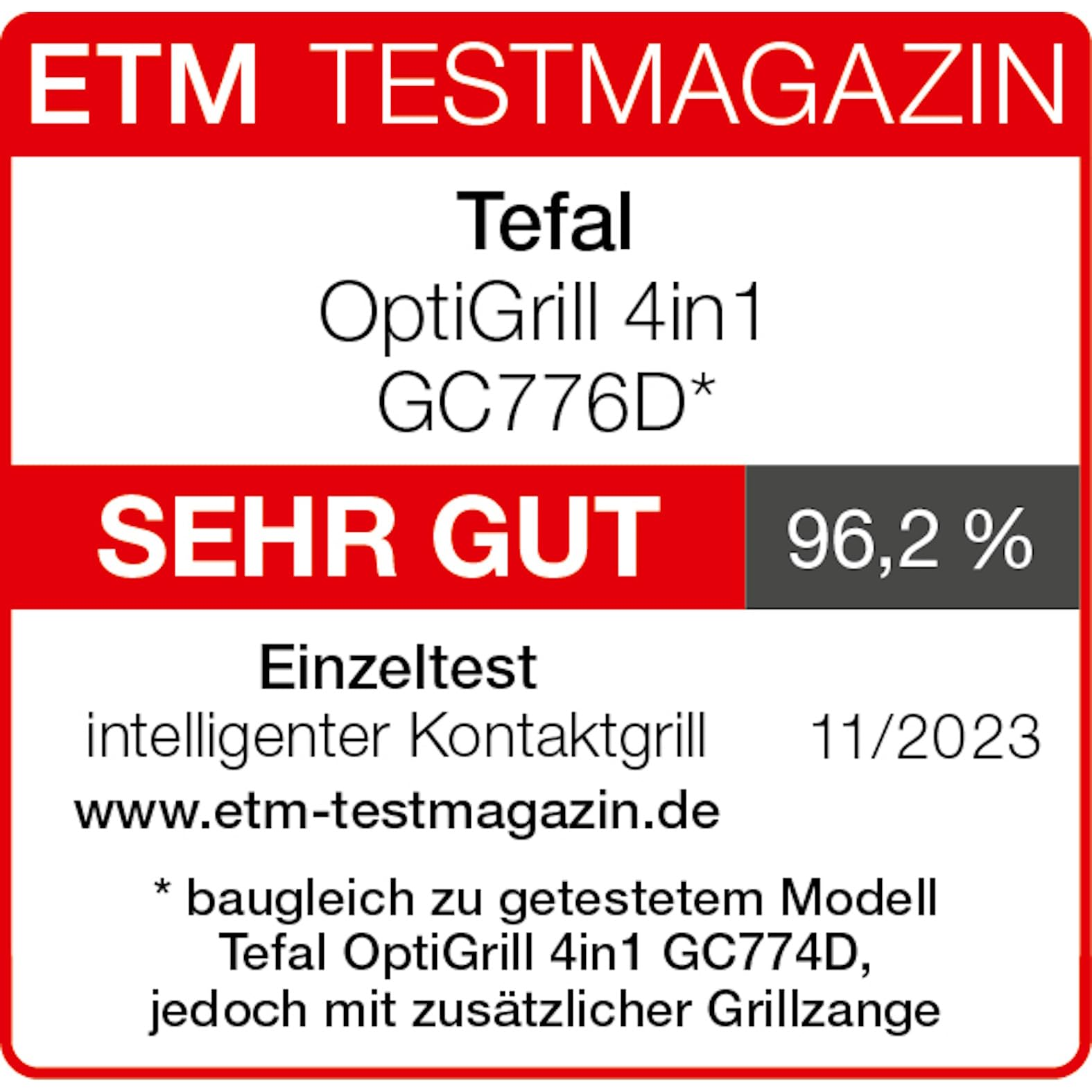 Etichetta ETM Testmagazin per Tefal OptiGrill 4in1 con Ottimo e 96,2 percento.