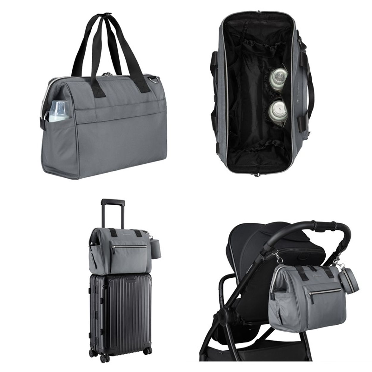 Eine graue Wickeltasche mit schwarzen Griffen, Innenfächern, auf einem Rollkoffer und an einem Kinderwagen befestigt.