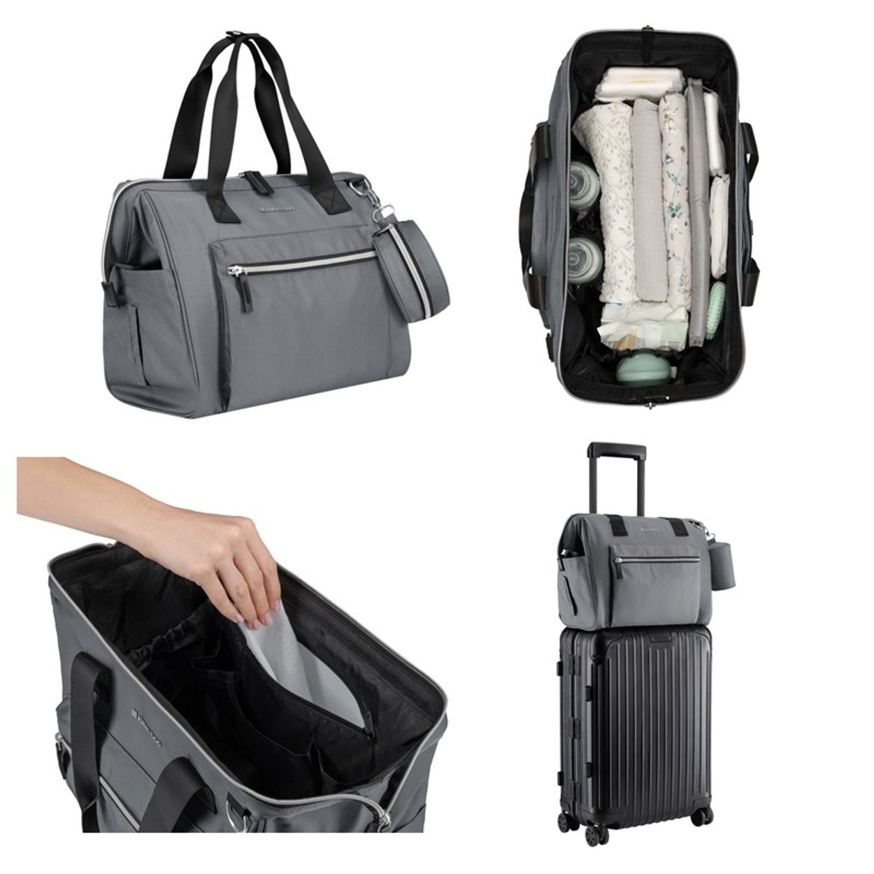 Eine graue Wickeltasche, geschlossen, gefüllt mit Babyartikeln, beim Öffnen der Innentaschen und auf einem Koffer.