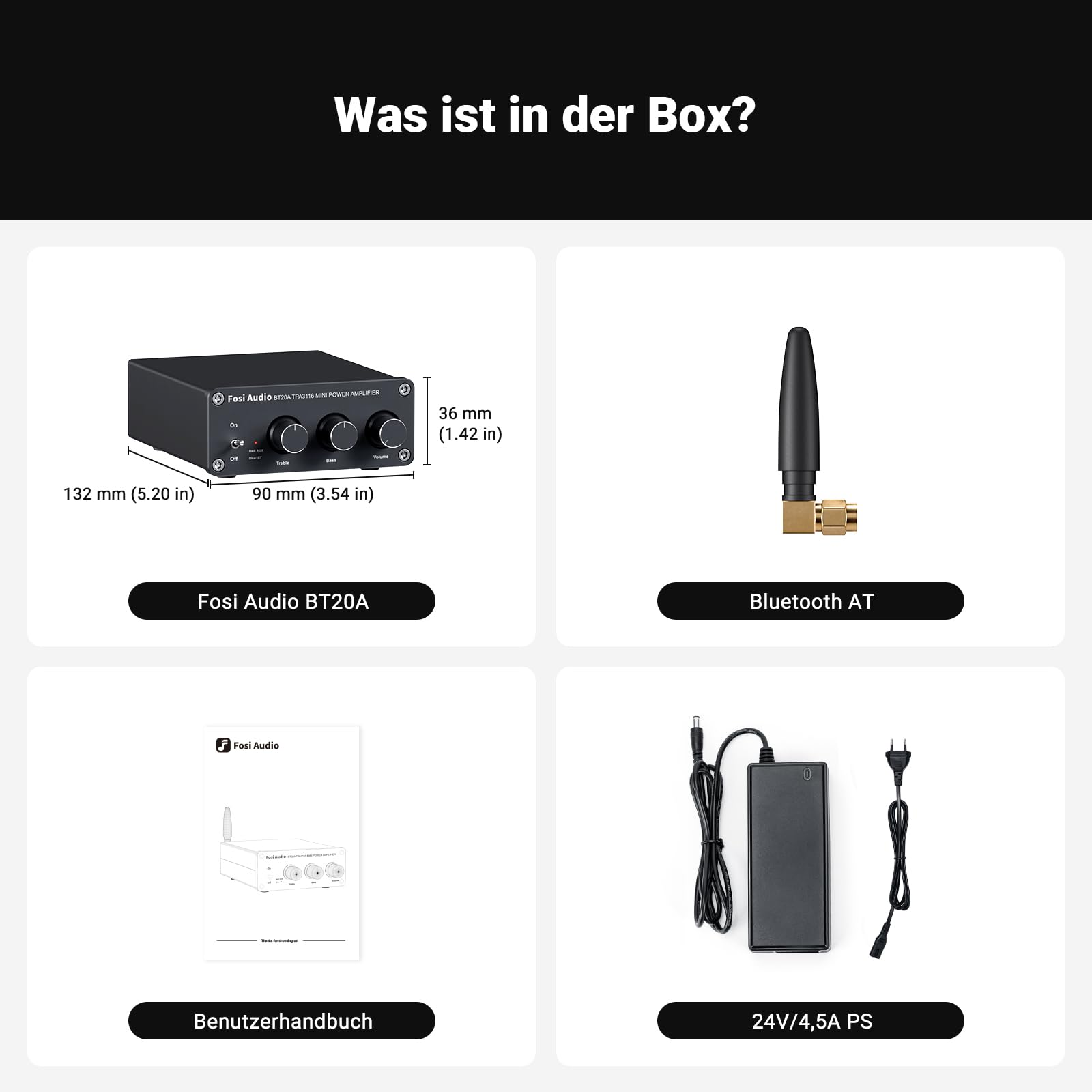 Infografik zum Lieferumfang: Fosi Audio BT20A Verstärker, Bluetooth-Antenne, Anleitung und Netzteil.