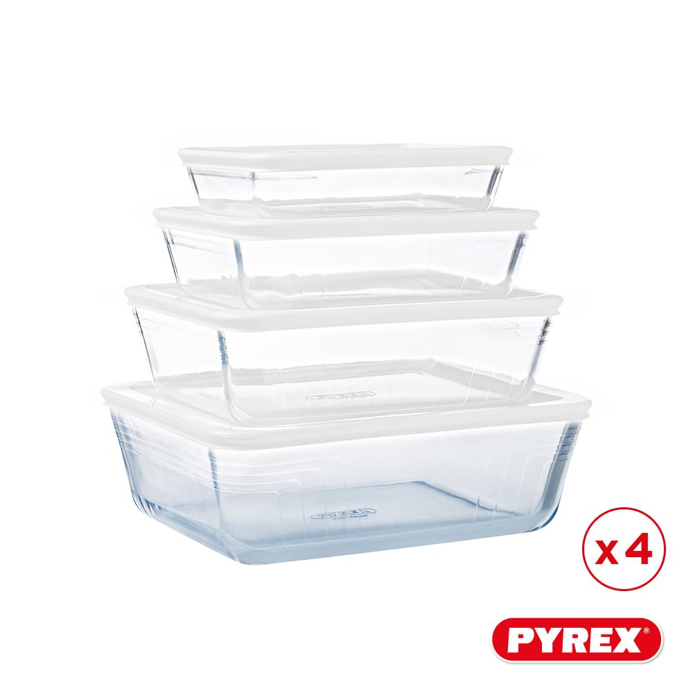 Vier rechteckige Glasbehälter mit weißen Deckeln gestapelt, daneben ein x4-Symbol und der rote Pyrex-Schriftzug.