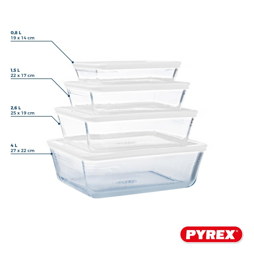 Vier gestapelte Pyrex-Glasbehälter mit weißen Deckeln und Größenangaben.