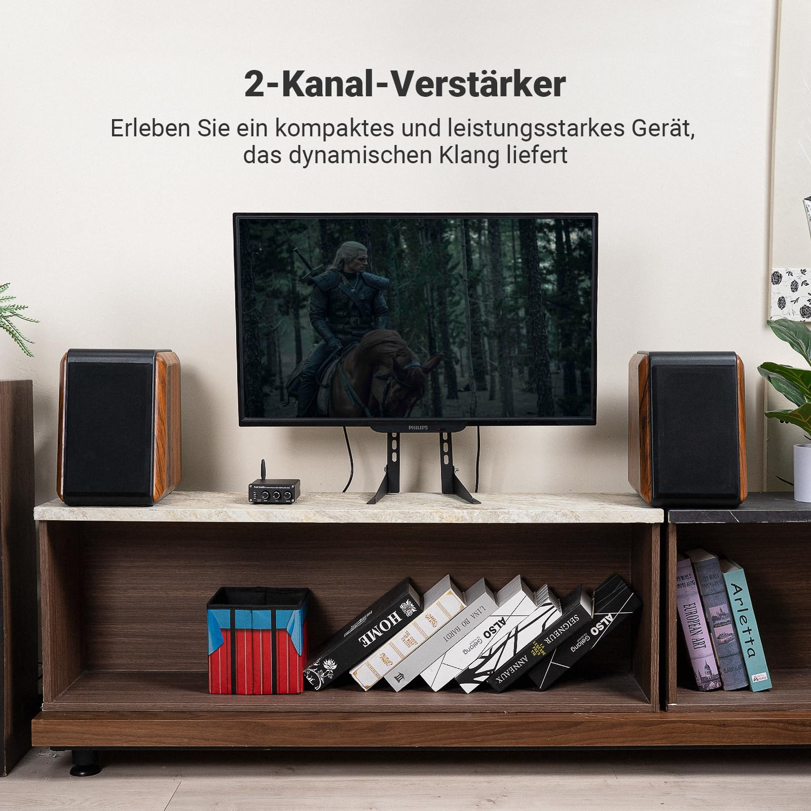 Ein TV mit Bildschirmfoto auf einem Regal, flankiert von zwei Holzboxen, darunter Bücher und ein kleiner Kasten.