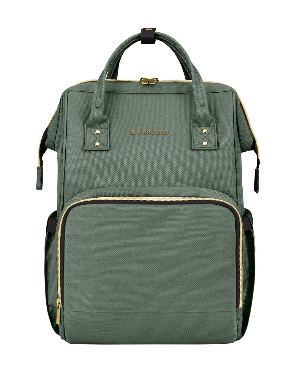 Ein olivgrüner Rucksack mit goldenen Reißverschlüssen und Griffen oben.