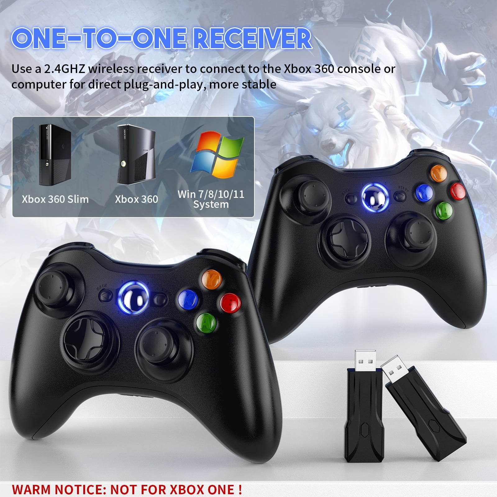 Zwei schwarze Controller mit farbigen Tasten und zwei USB-Empfängern für Xbox- und Windows-Systeme.